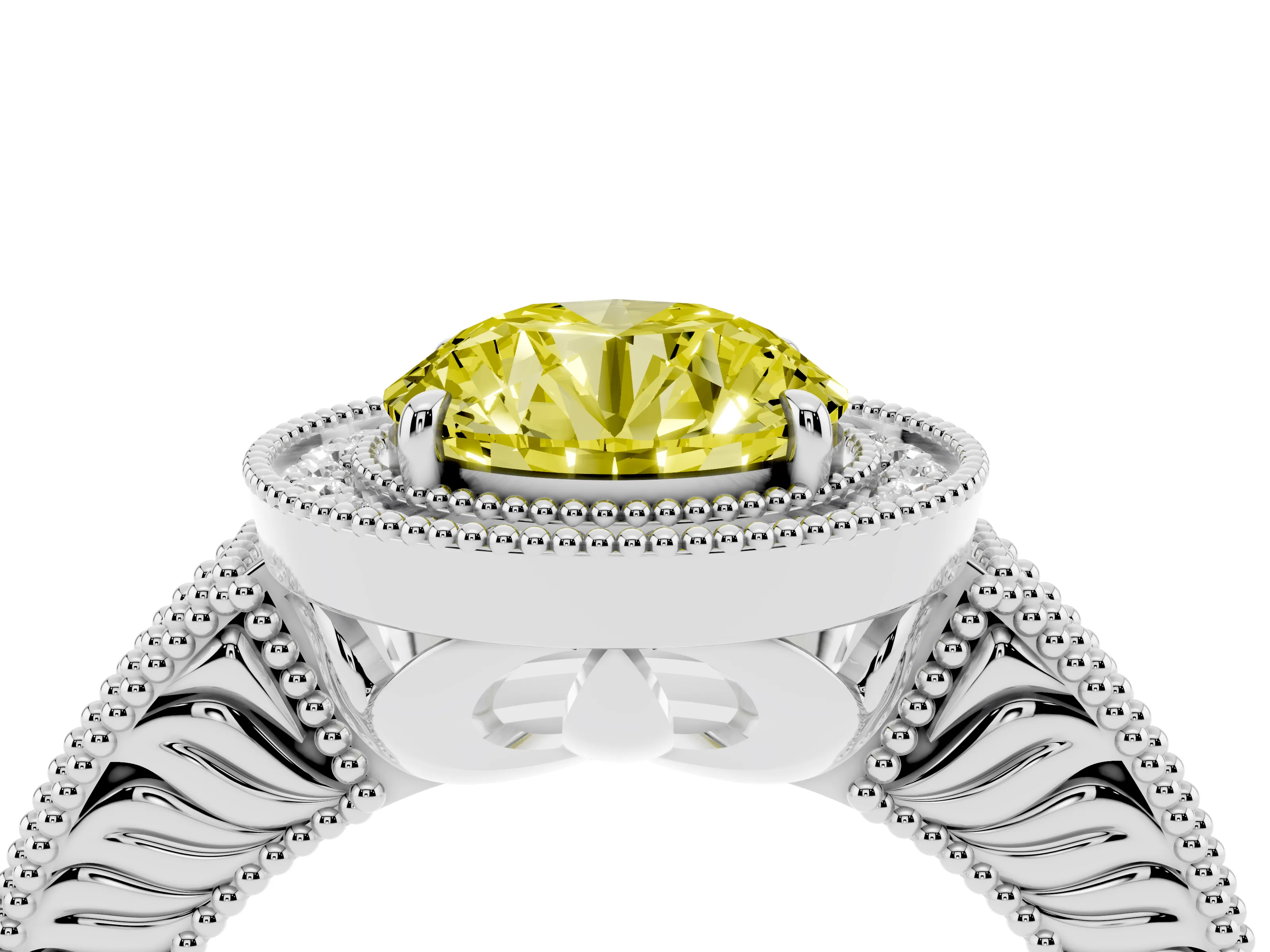 Fancy Yellow Round Cut Diamond Halo Ring Set in Silver with Round Accent Halo, Pavé Band and Prong Setting