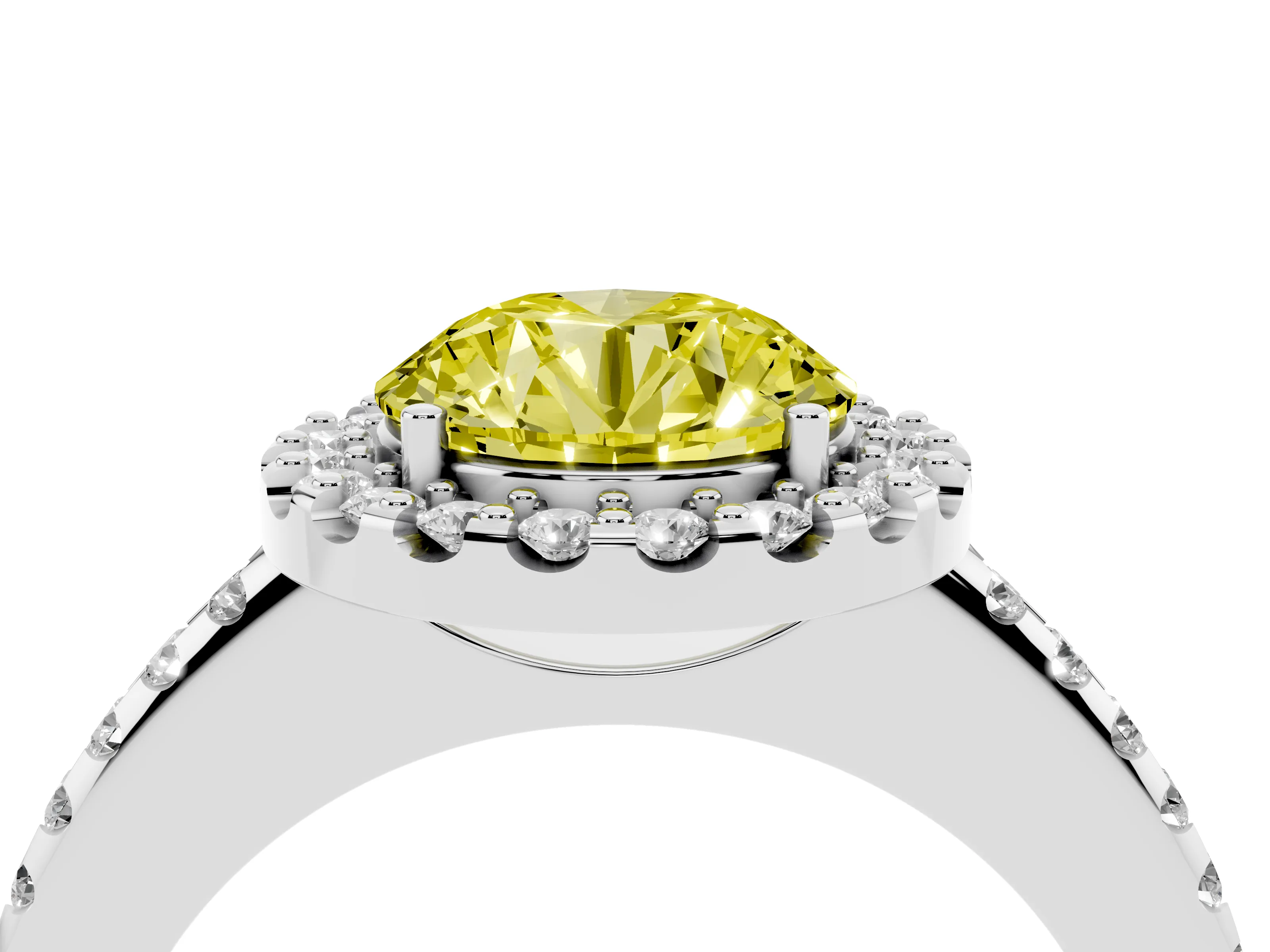 Fancy Yellow Round Cut Diamond Pavé Halo Ring Set in Silver with Prong Setting