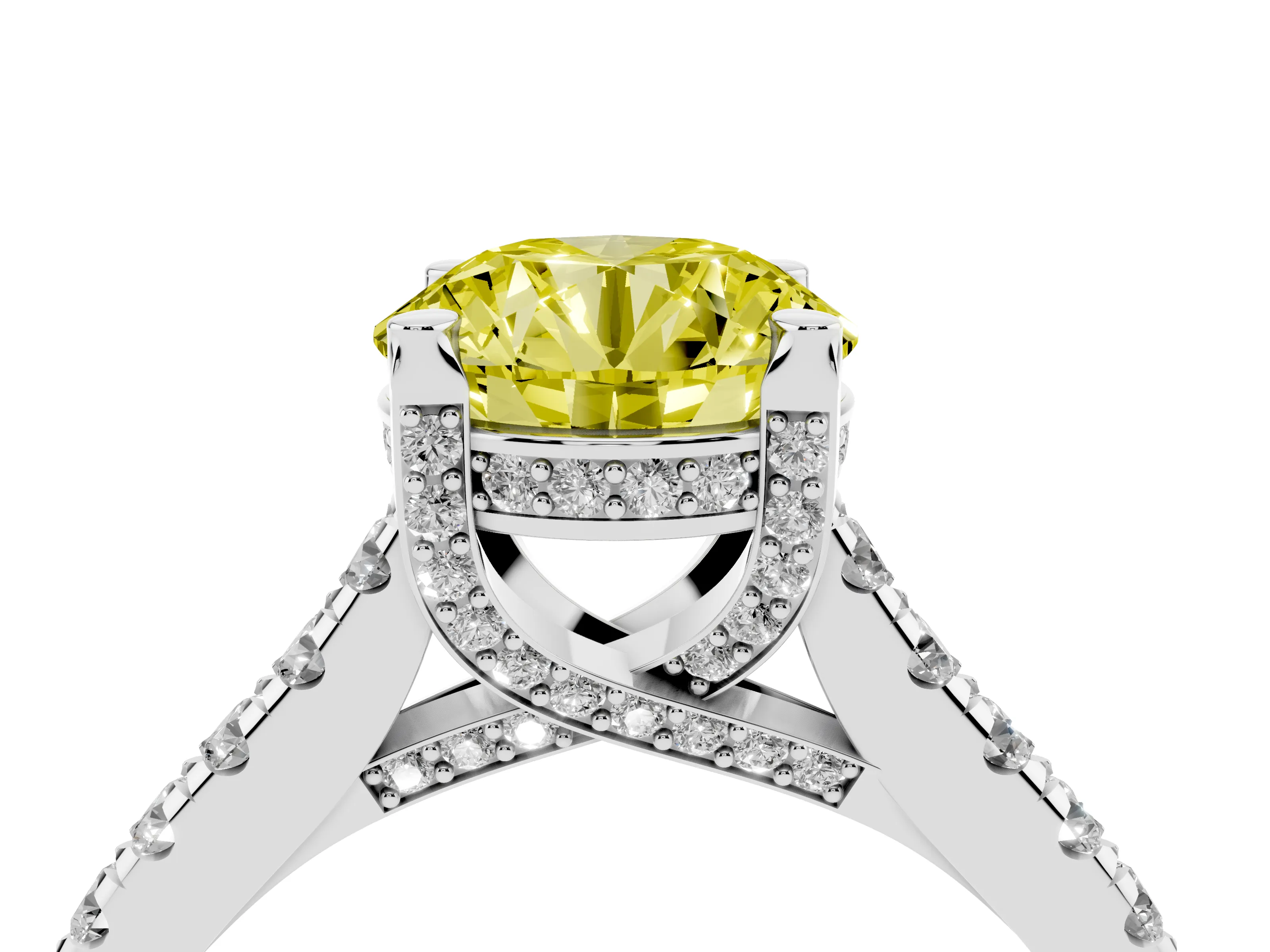 Fancy Yellow Round Cut Diamond Solitaire Ring Set in Platinum with Brilliant Pavé Band and Prong Setting