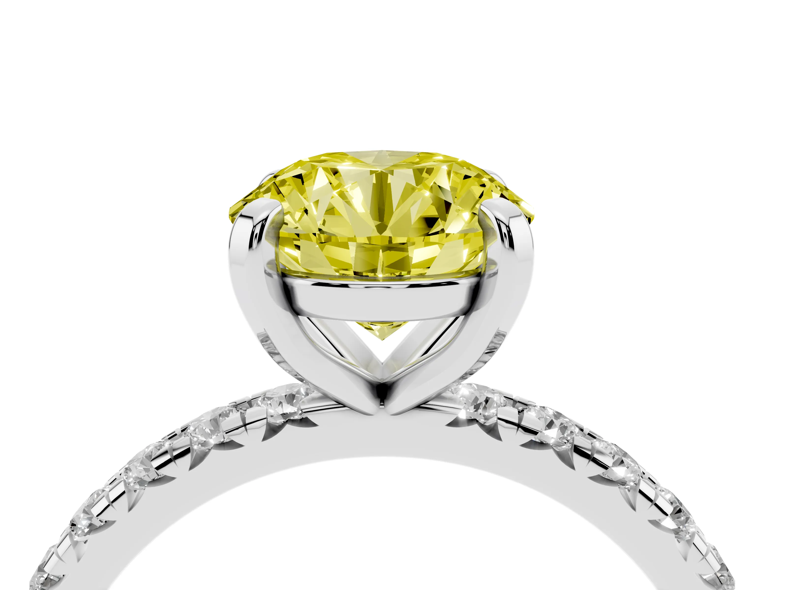 Fancy Yellow Round Cut Diamond Pavé Solitaire Ring Set in White gold with Round Band and Prong Setting
