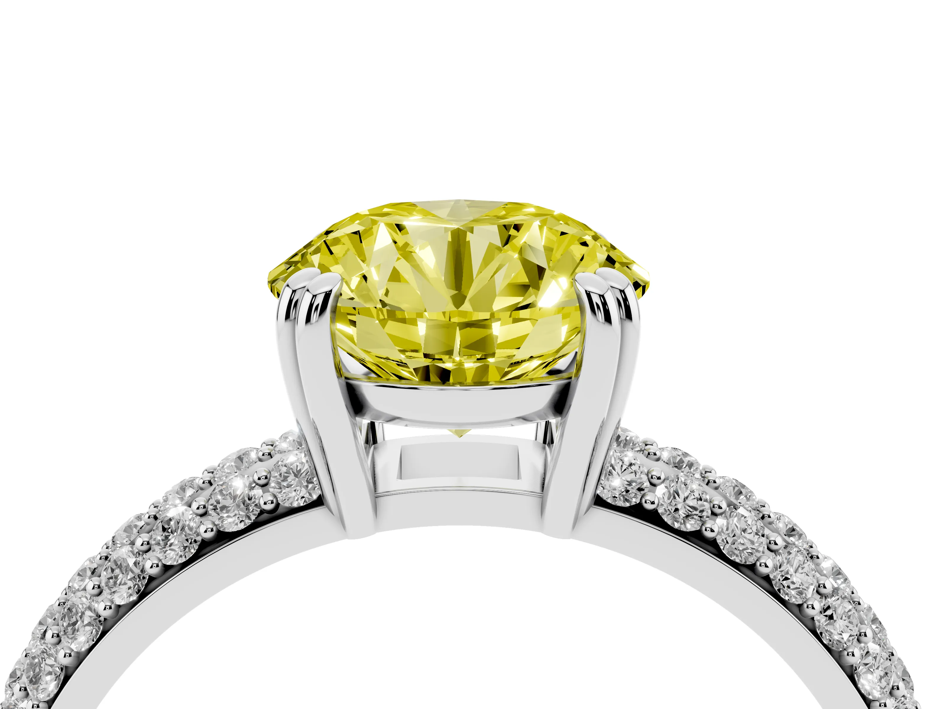 Fancy Yellow Round Cut Diamond Solitaire Ring Set in Platinum with Multi-Row Round Pavé Band and Prong Setting