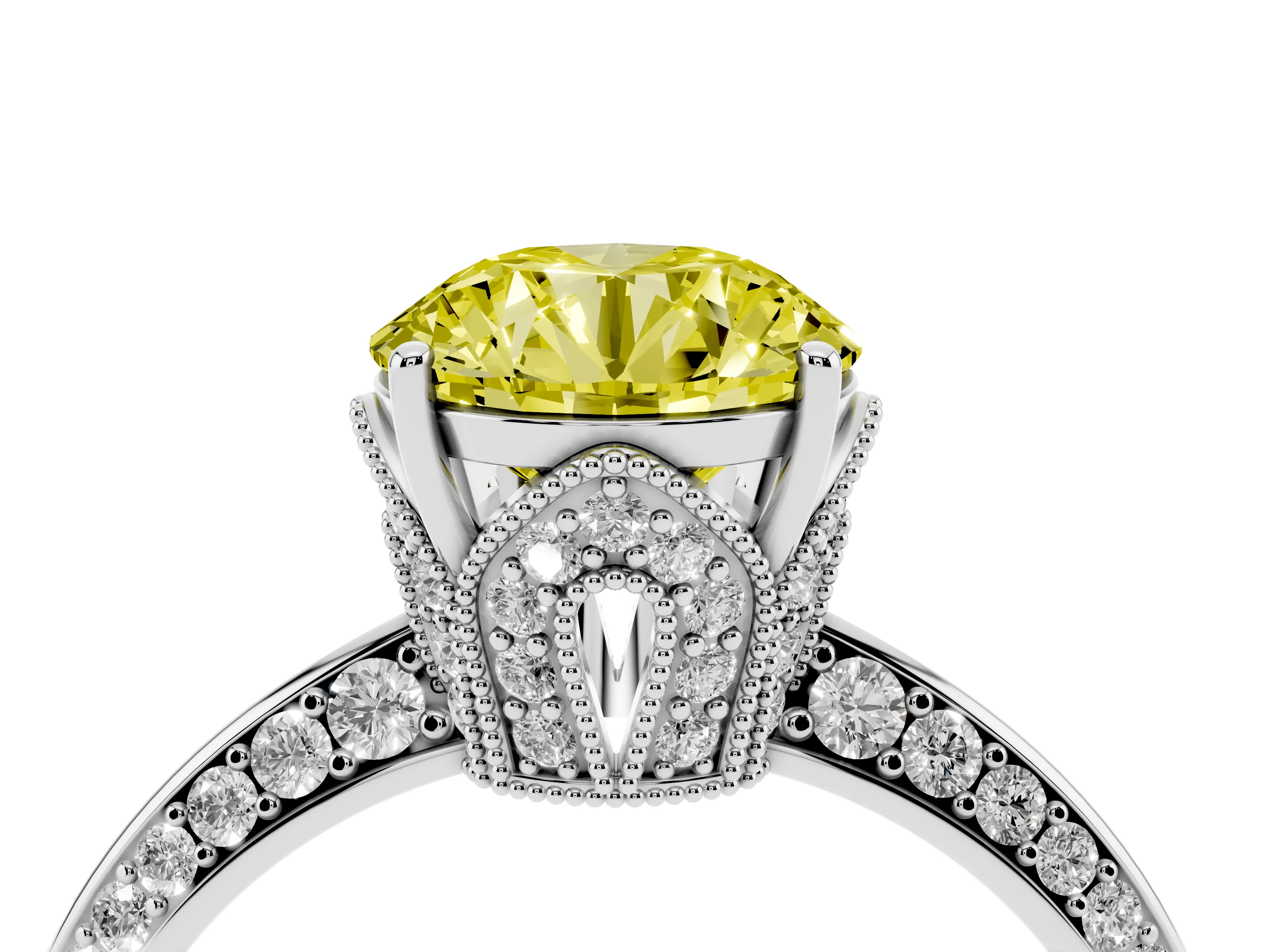 Fancy Yellow Round Cut Diamond Solitaire Engagement Ring Set in Silver with Pavé Split Shank and Prong Setting