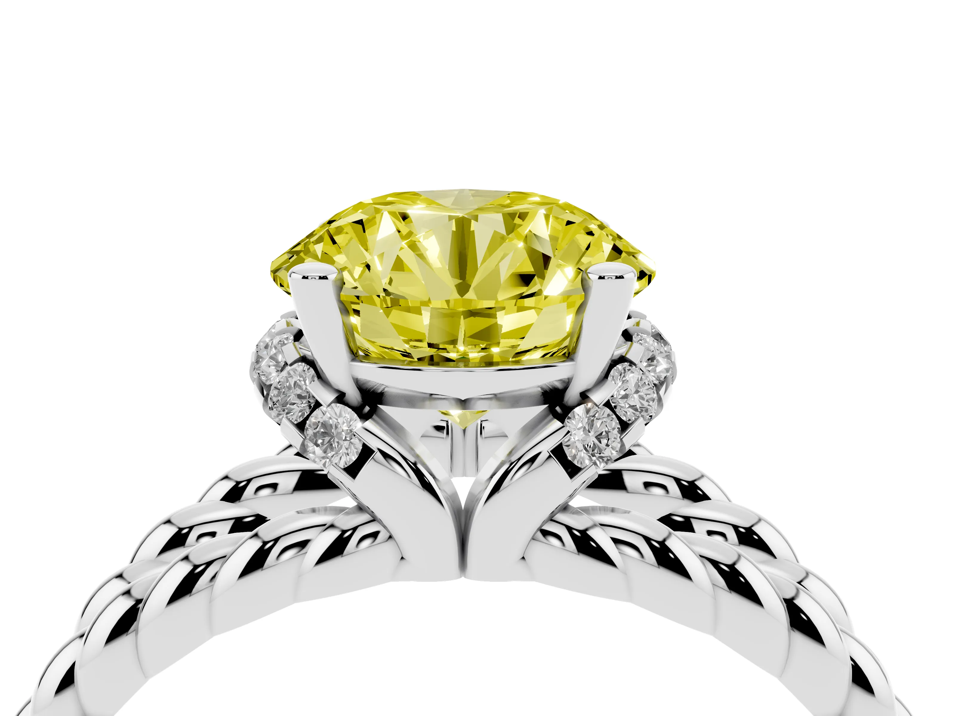 Fancy Yellow Round Cut Diamond Halo Ring Set in White gold with Twisted Band and Prong Setting