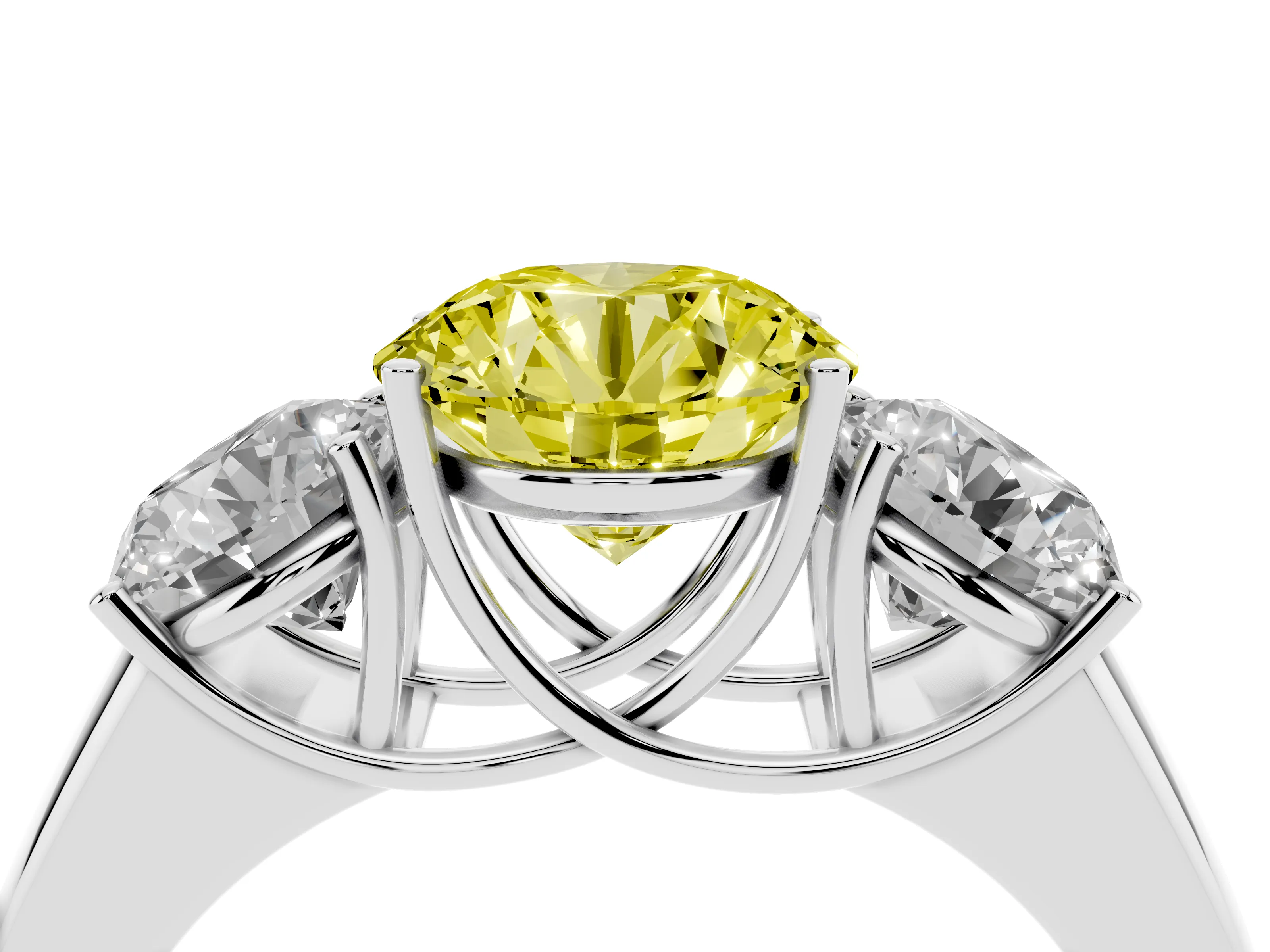 Fancy Yellow Three-Stone Round Cut Diamond Ring Set in White gold with Matching Prong Settings and Plain Band