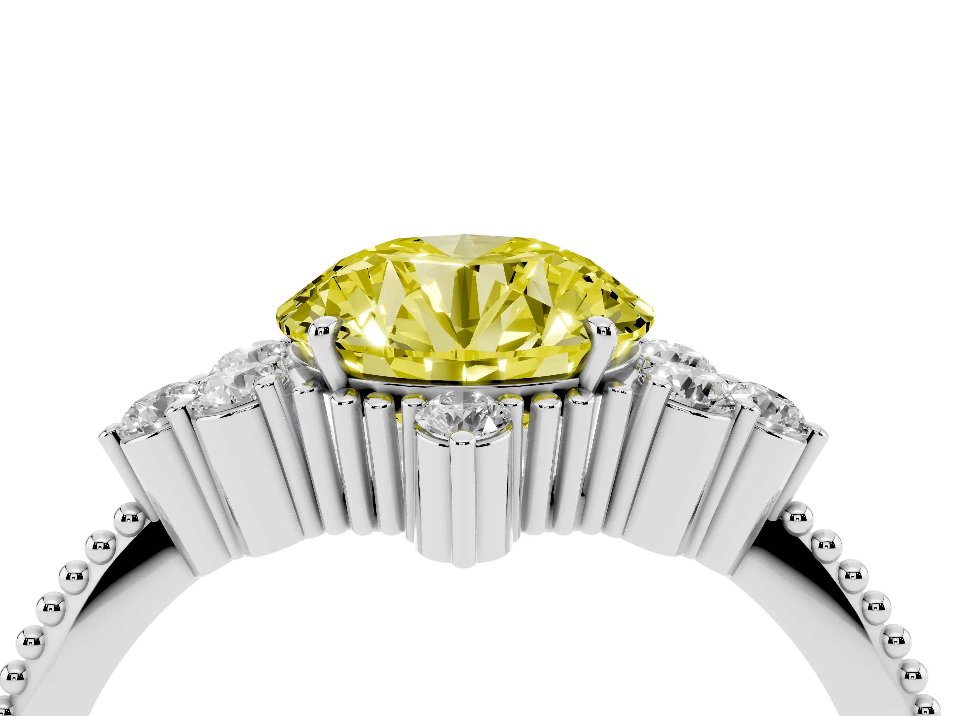 Fancy Yellow Round Cut Diamond Cluster Ring Set in Silver with Beaded Band