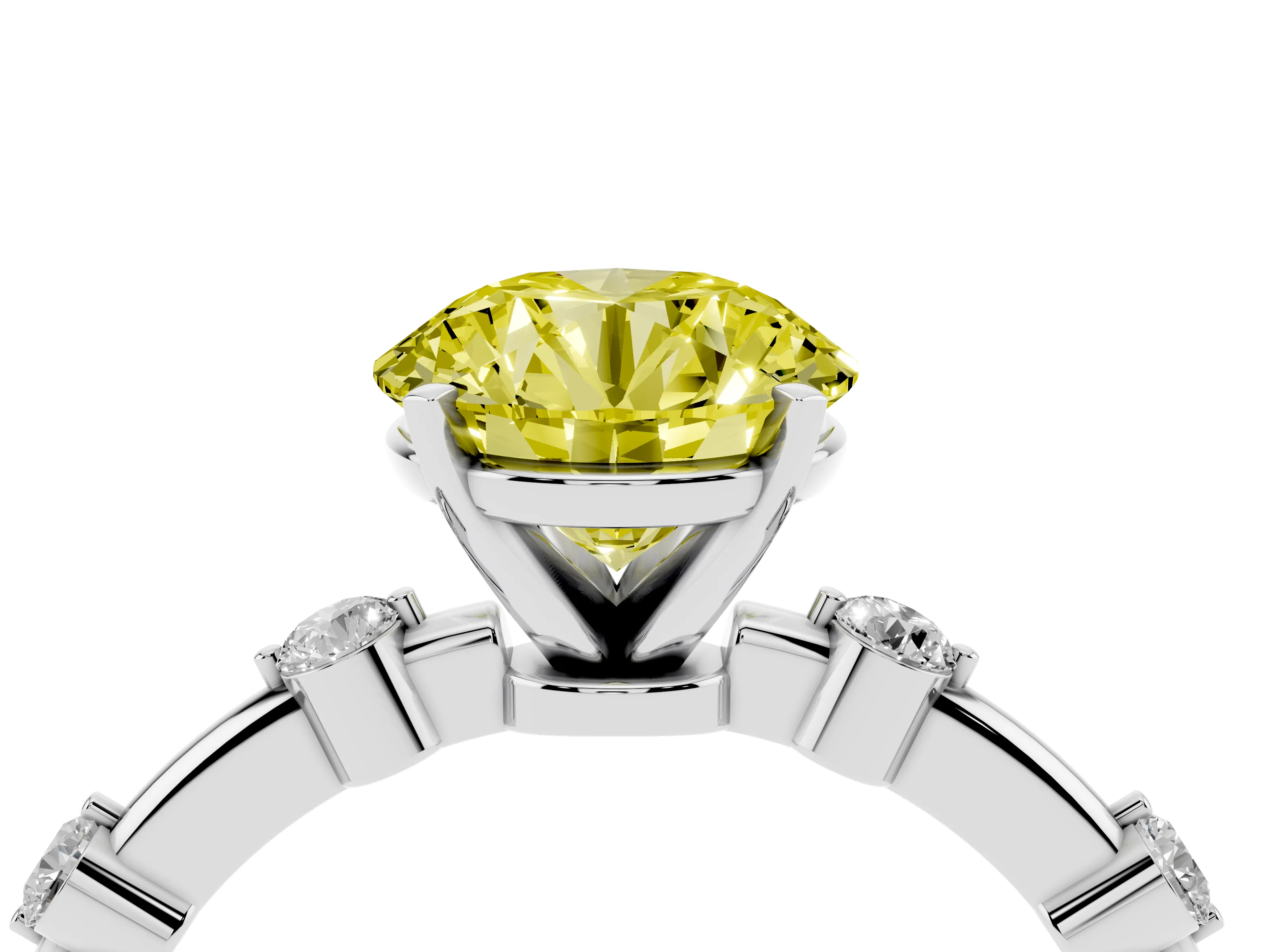 Fancy Yellow Round Cut Diamond Solitaire Ring Set in Platinum with Bezel Set Side Stones and Prong Setting