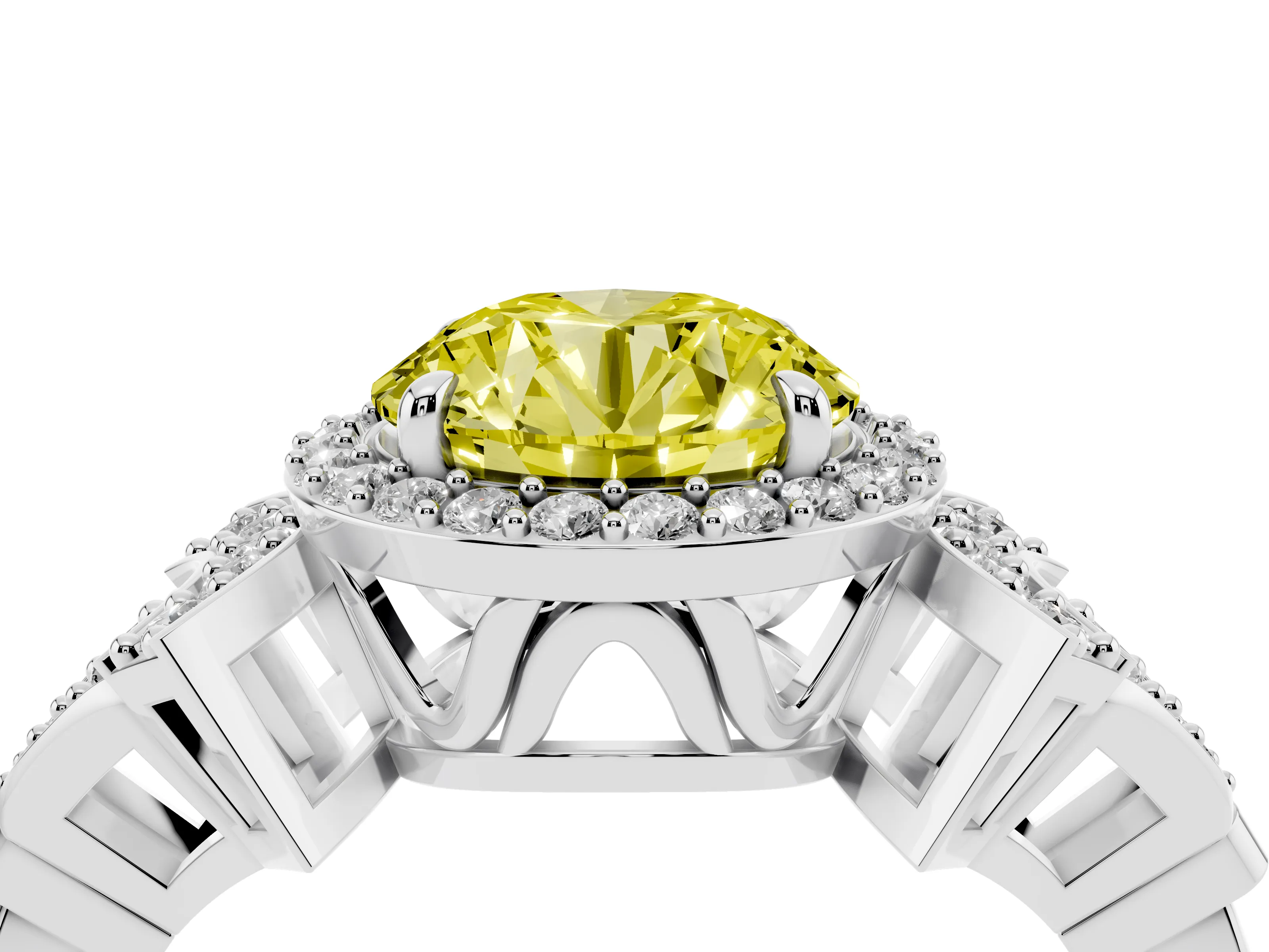 Fancy Yellow Round Cut Diamond Halo Engagement Ring Set in Silver with Accent Stone Split Shank