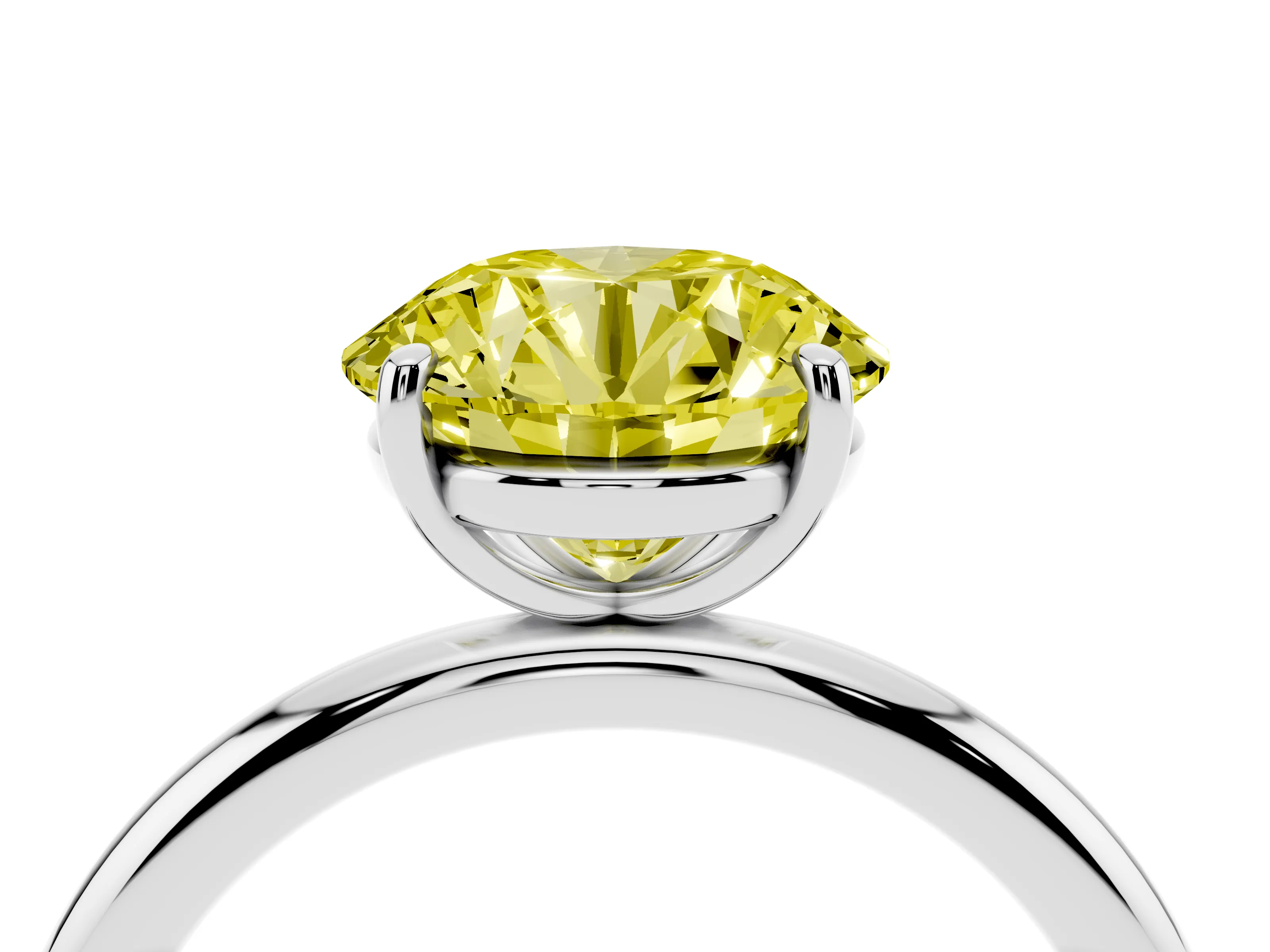 Fancy Yellow Round Cut Diamond Solitaire Ring Set in Platinum with Prong Setting on a Polished Plain Band