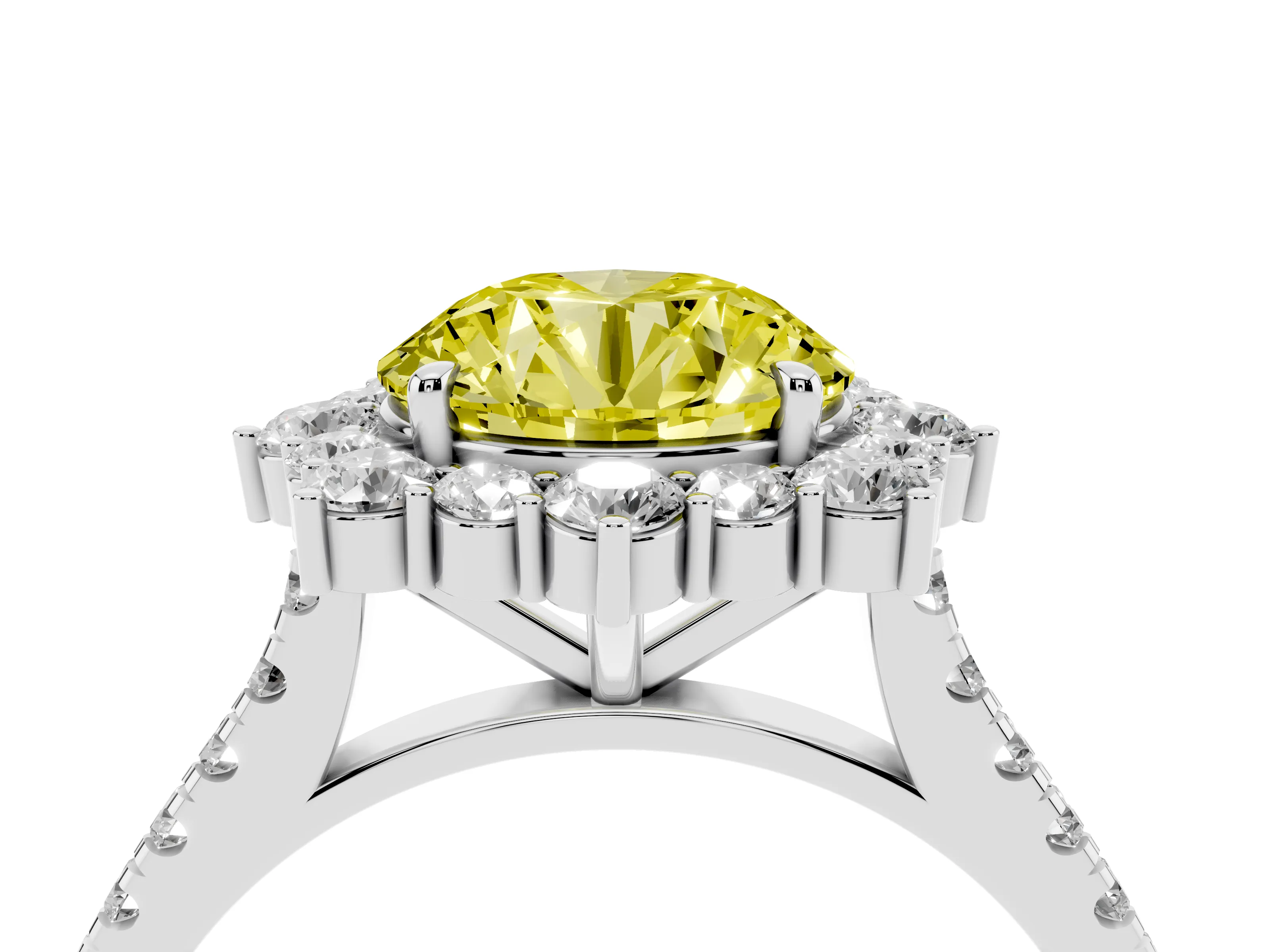 Fancy Yellow Round Cut Diamond Halo Ring Set in Silver with Pavé Band and Prong Setting