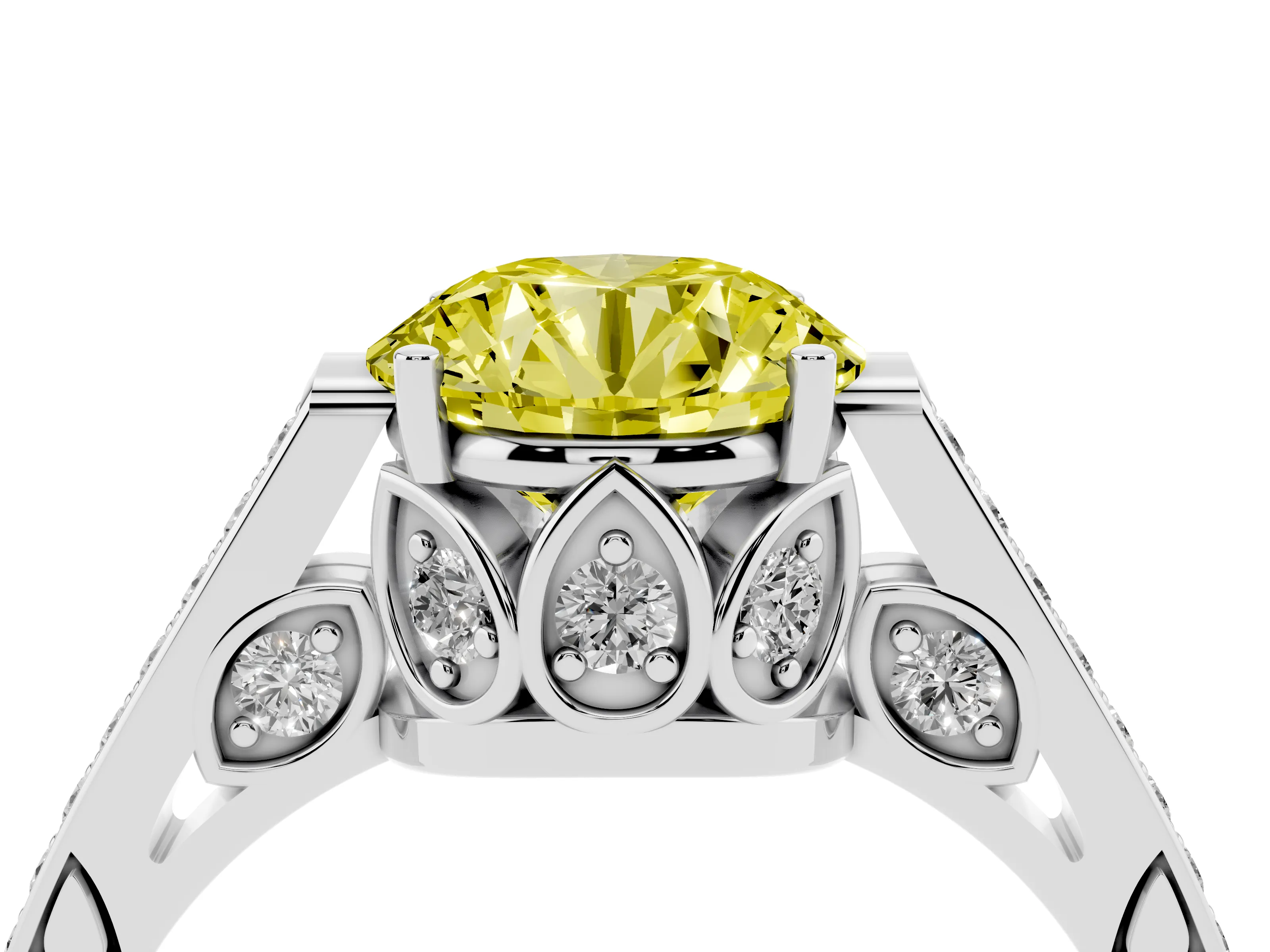 Fancy Yellow Round Cut Diamond Cathedral Pavé Engagement Ring Set in White gold with Prong Setting