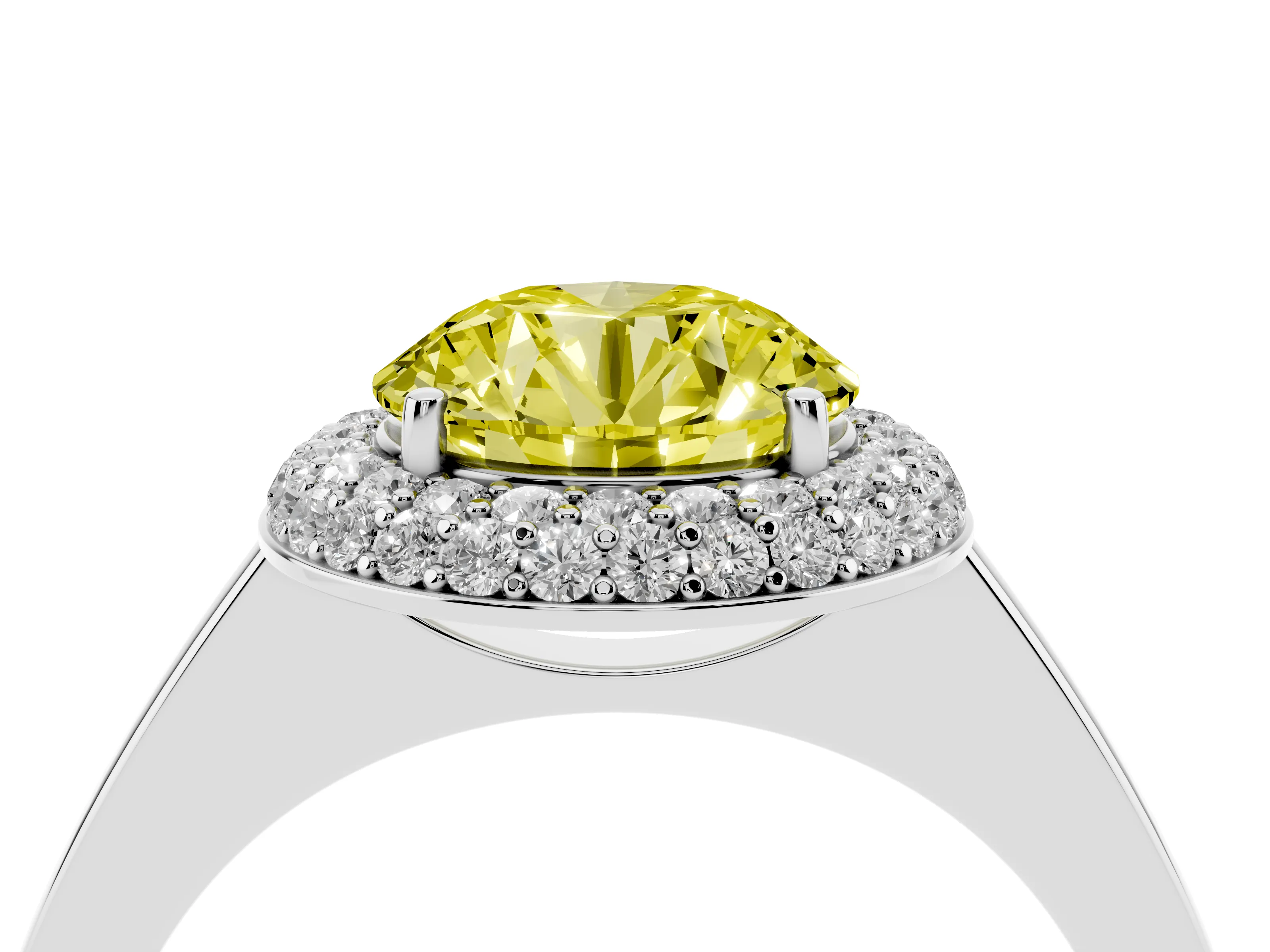 Fancy Yellow Round Cut Diamond Halo Engagement Ring Set in White gold with Solitaire Band and Prong Setting