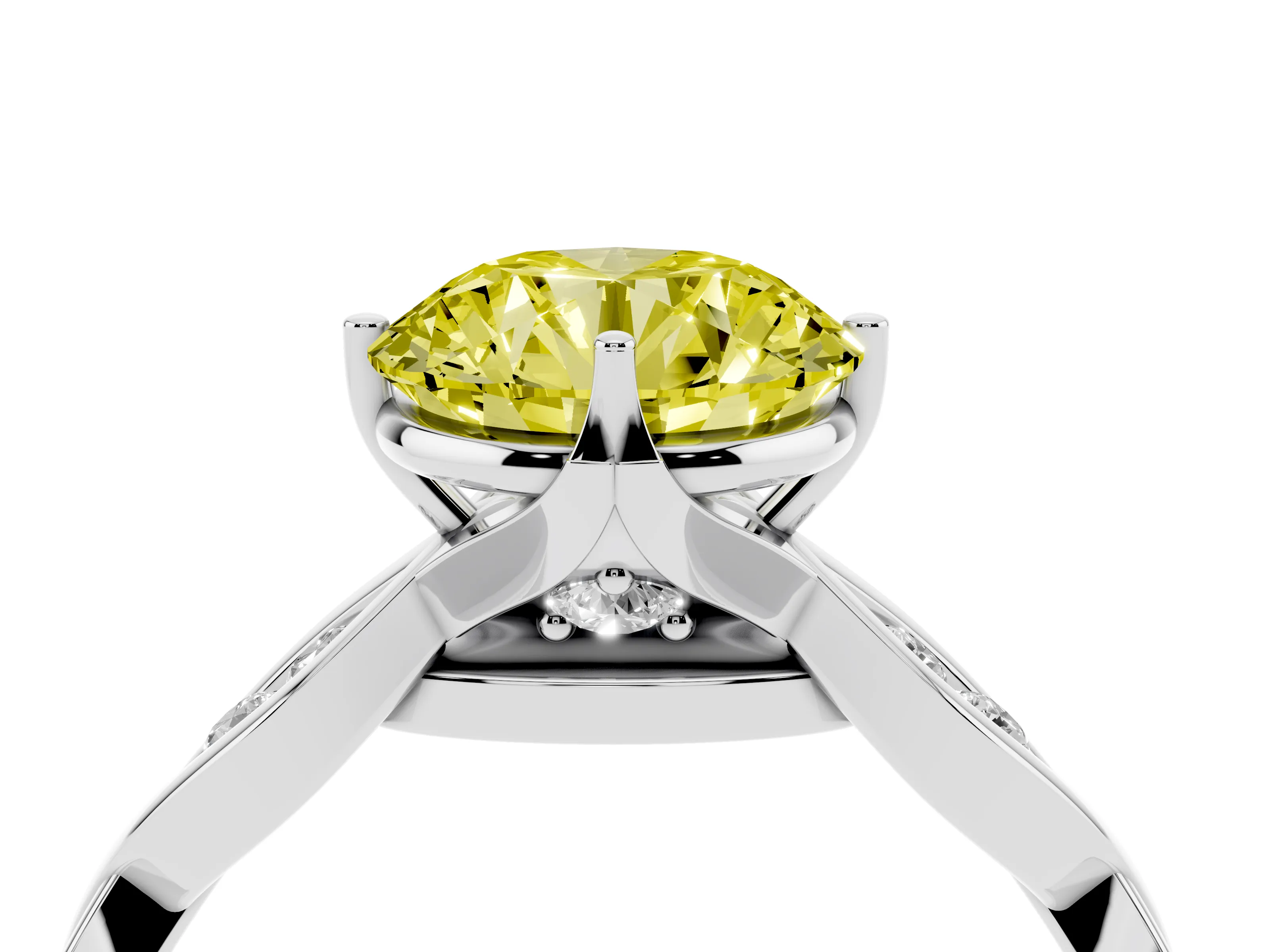 Fancy Yellow Round Cut Diamond Twist Band Solitaire Ring Set in Platinum with Leaf Prong Setting and Accent Stones