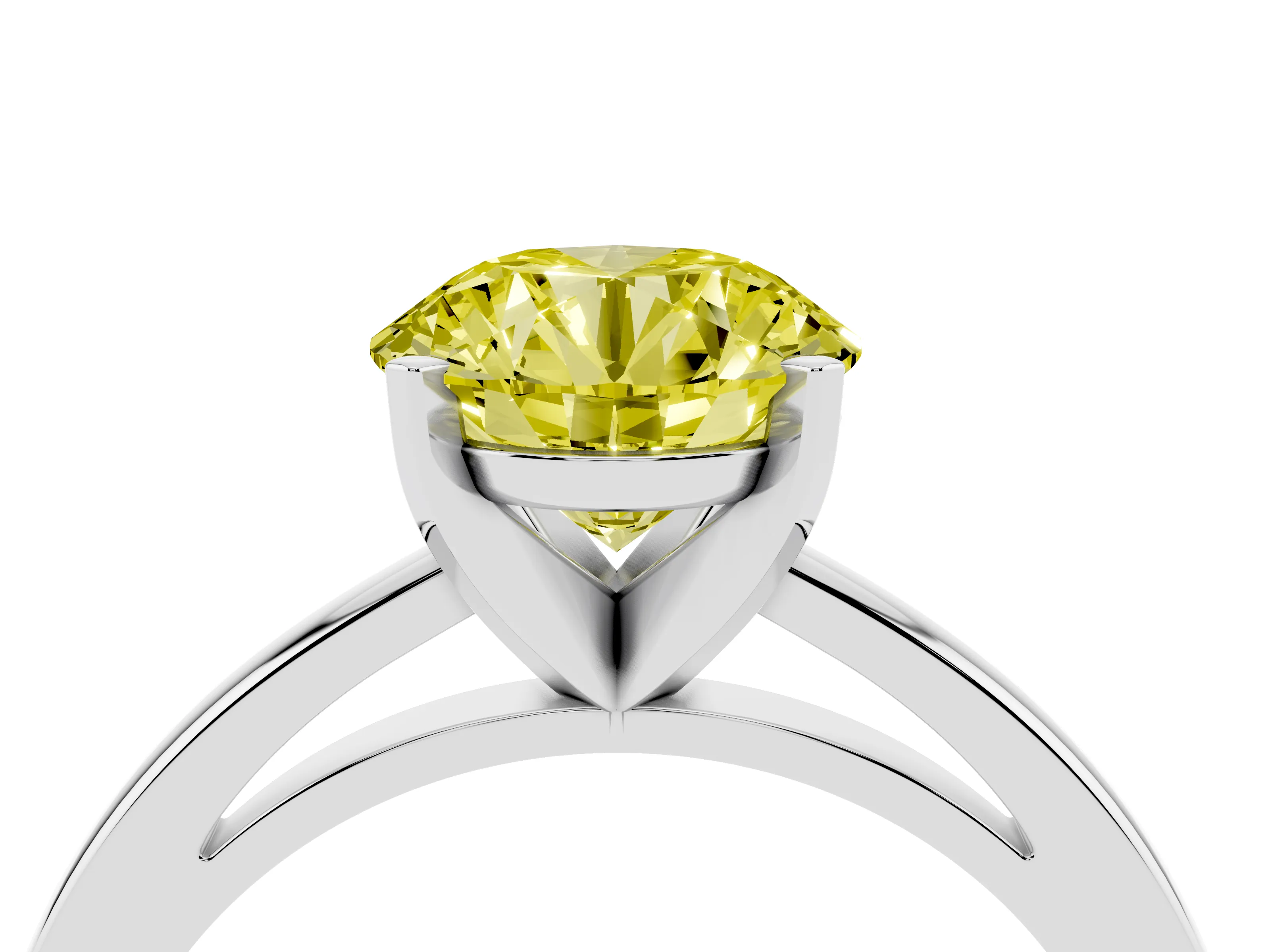 Fancy Yellow Round Cut Diamond Solitaire Engagement Ring Set in Platinum with Prong Setting on a Classic Band