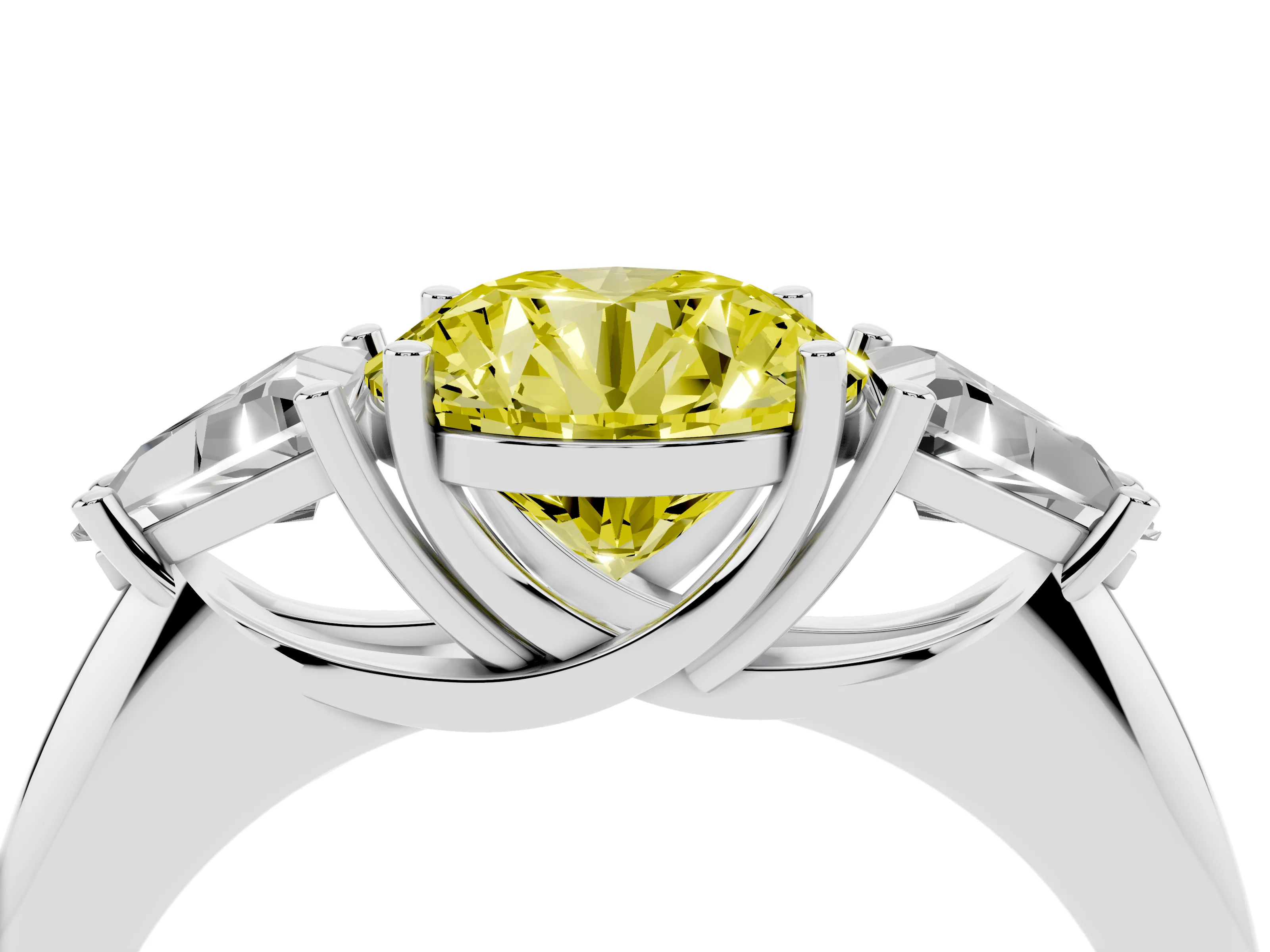 Fancy Yellow Round Cut Diamond Three-Stone Engagement Ring Set in White gold with Trillion Side Stones