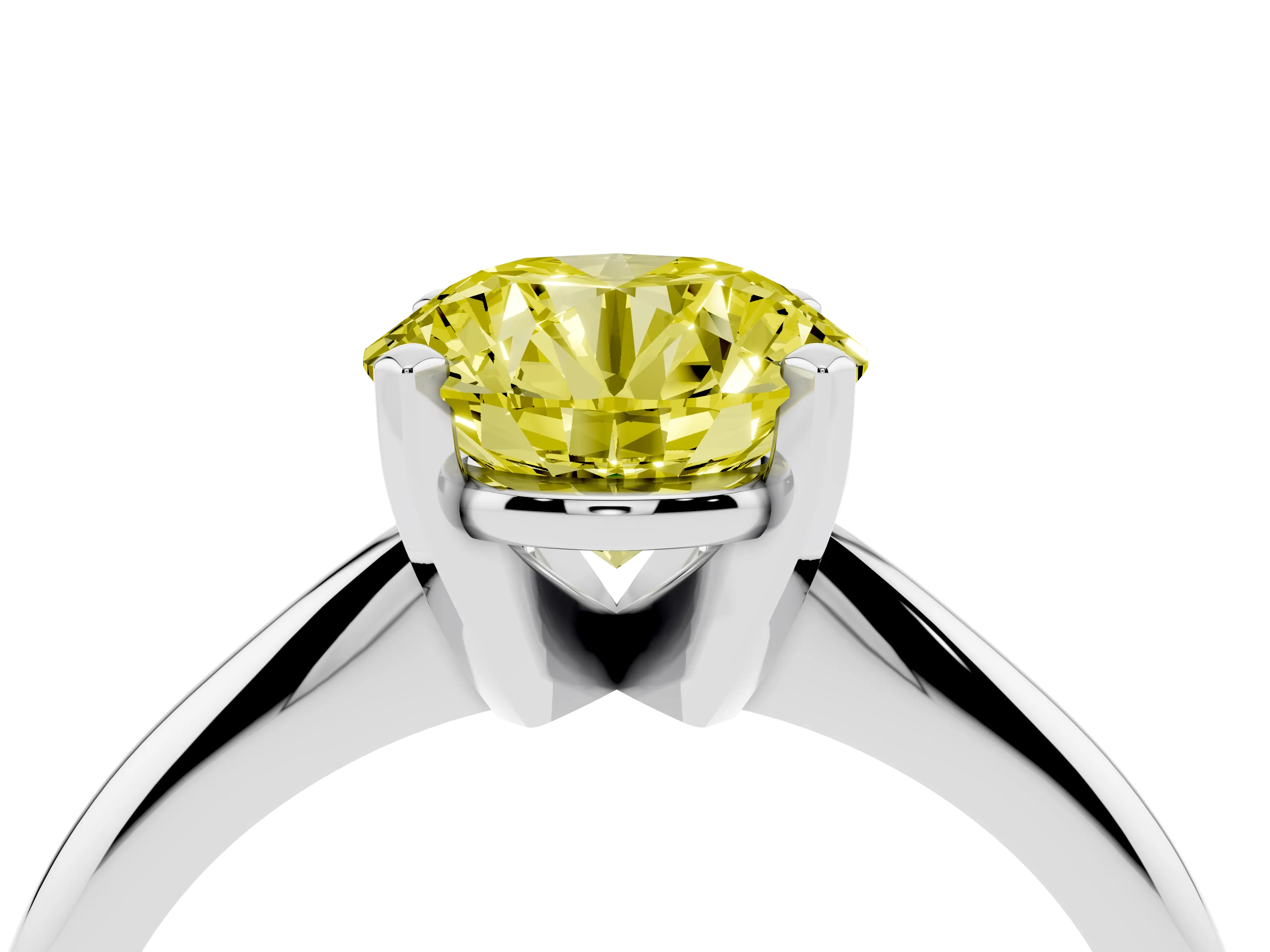 Fancy Yellow Round Cut Diamond Solitaire Ring Set in White gold with Prong Setting on a Plain Round Band