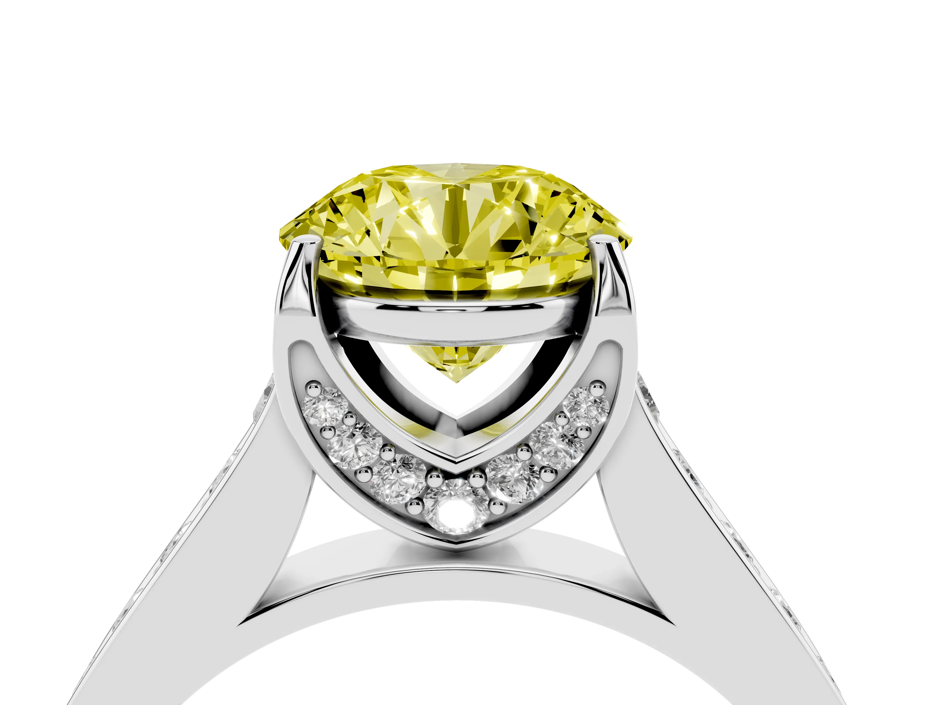 Fancy Yellow Round Cut Diamond Solitaire Pavé Engagement Ring Set in White gold with Prong Setting