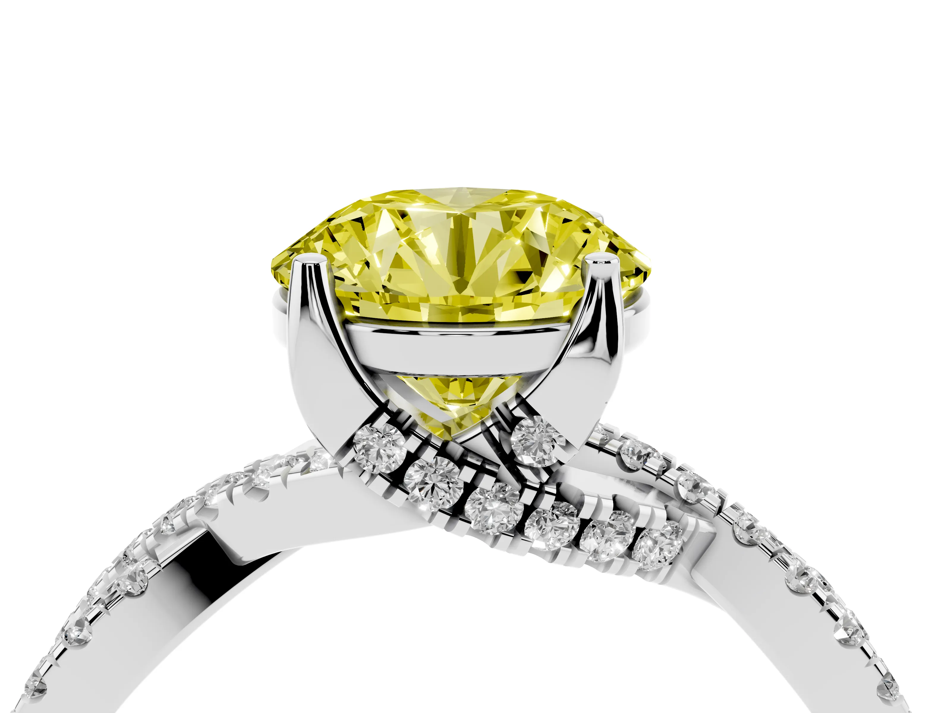 Fancy Yellow Round Cut Diamond Twist Pavé Solitaire Engagement Ring Set in Silver with Prong Setting