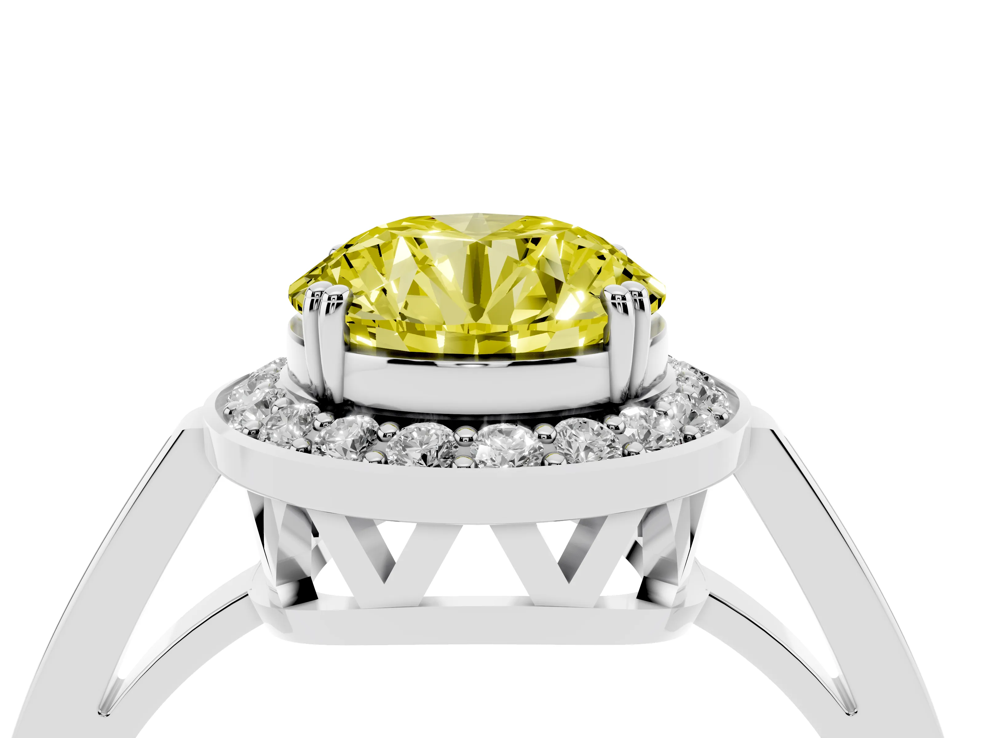 Fancy Yellow Round Cut Diamond Halo Ring Set in Silver with Accent-Lined Split Shank and Prong Setting