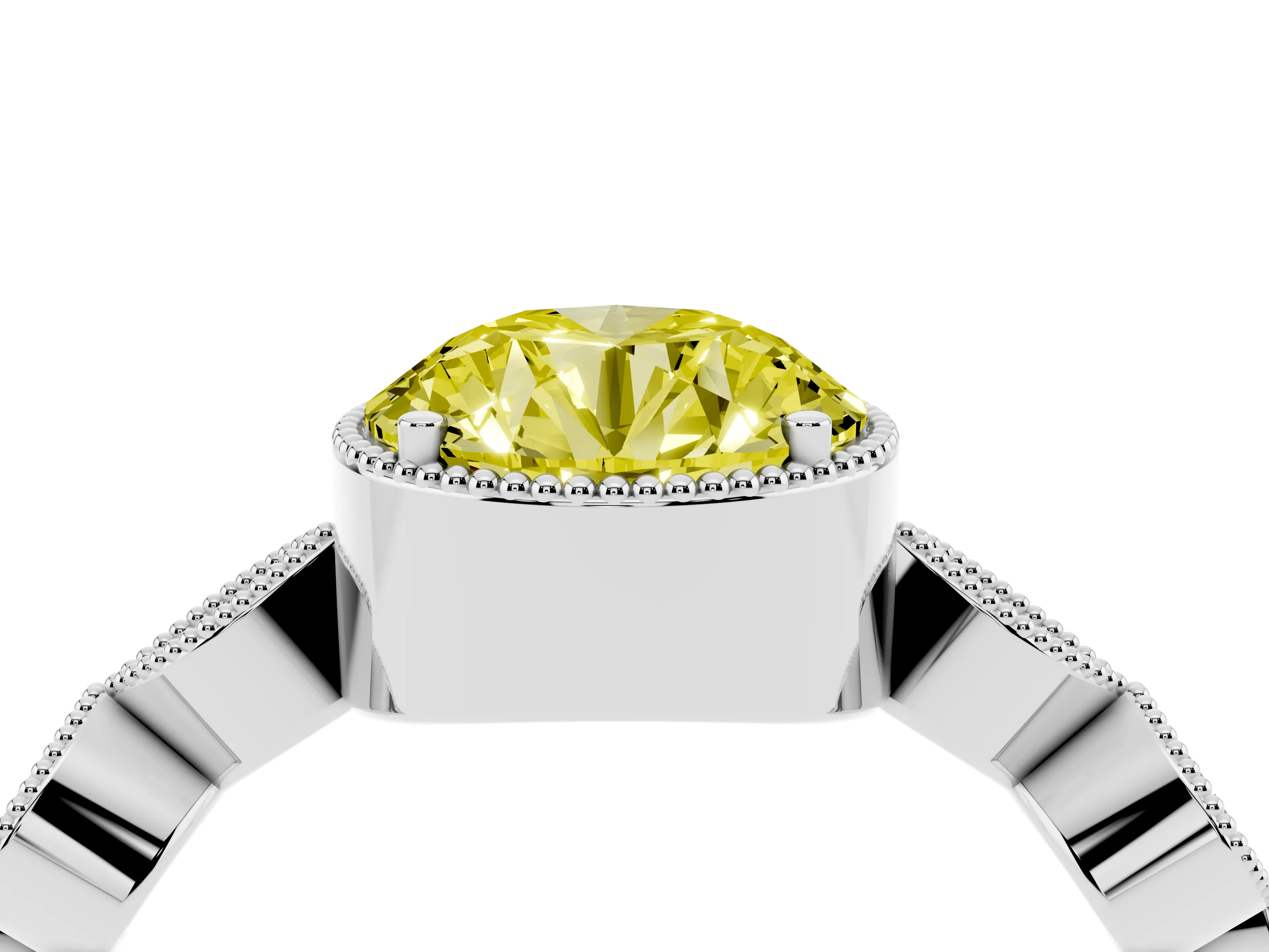 Fancy Yellow Round Cut Diamond Vintage-Inspired Milgrain Ring Set in Platinum with Marquise Stations of Round Accents