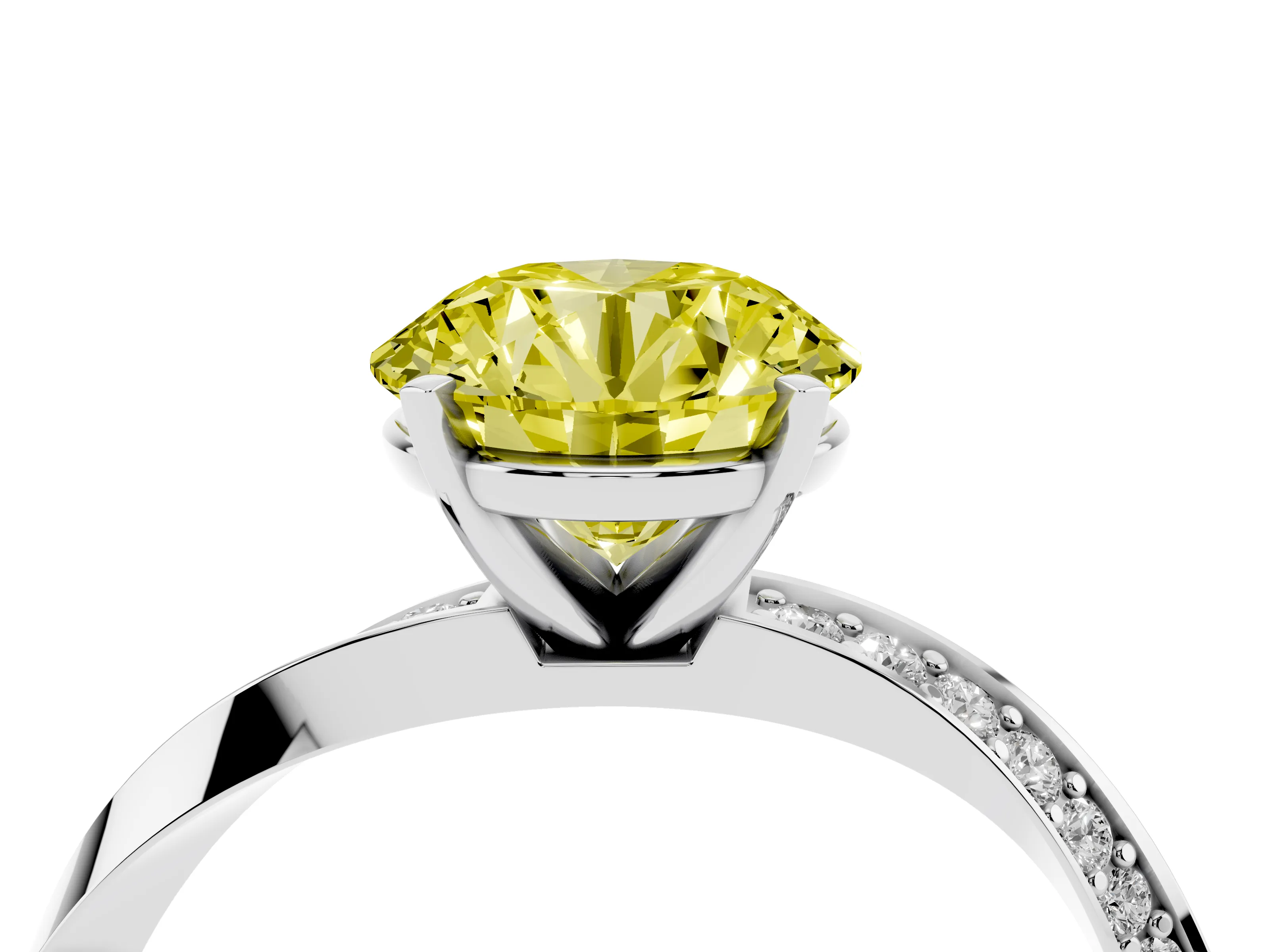 Fancy Yellow Round Cut Diamond Engagement Ring Set in Silver with Side Stone Accents and Prong Setting