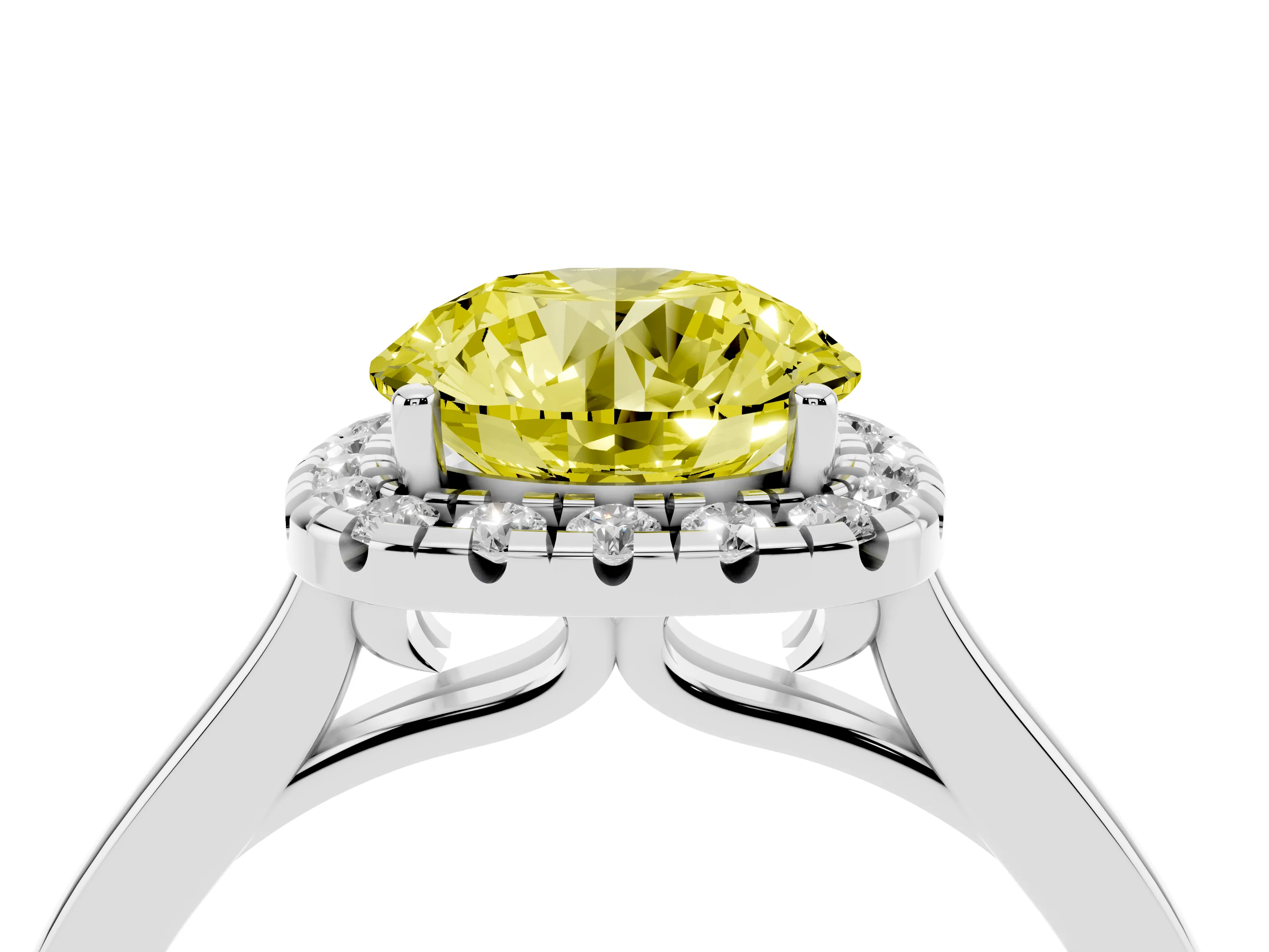 Fancy Yellow Round Cut Halo Round Diamond Solitaire Ring Set in Silver with Pavé Band and Prong Setting