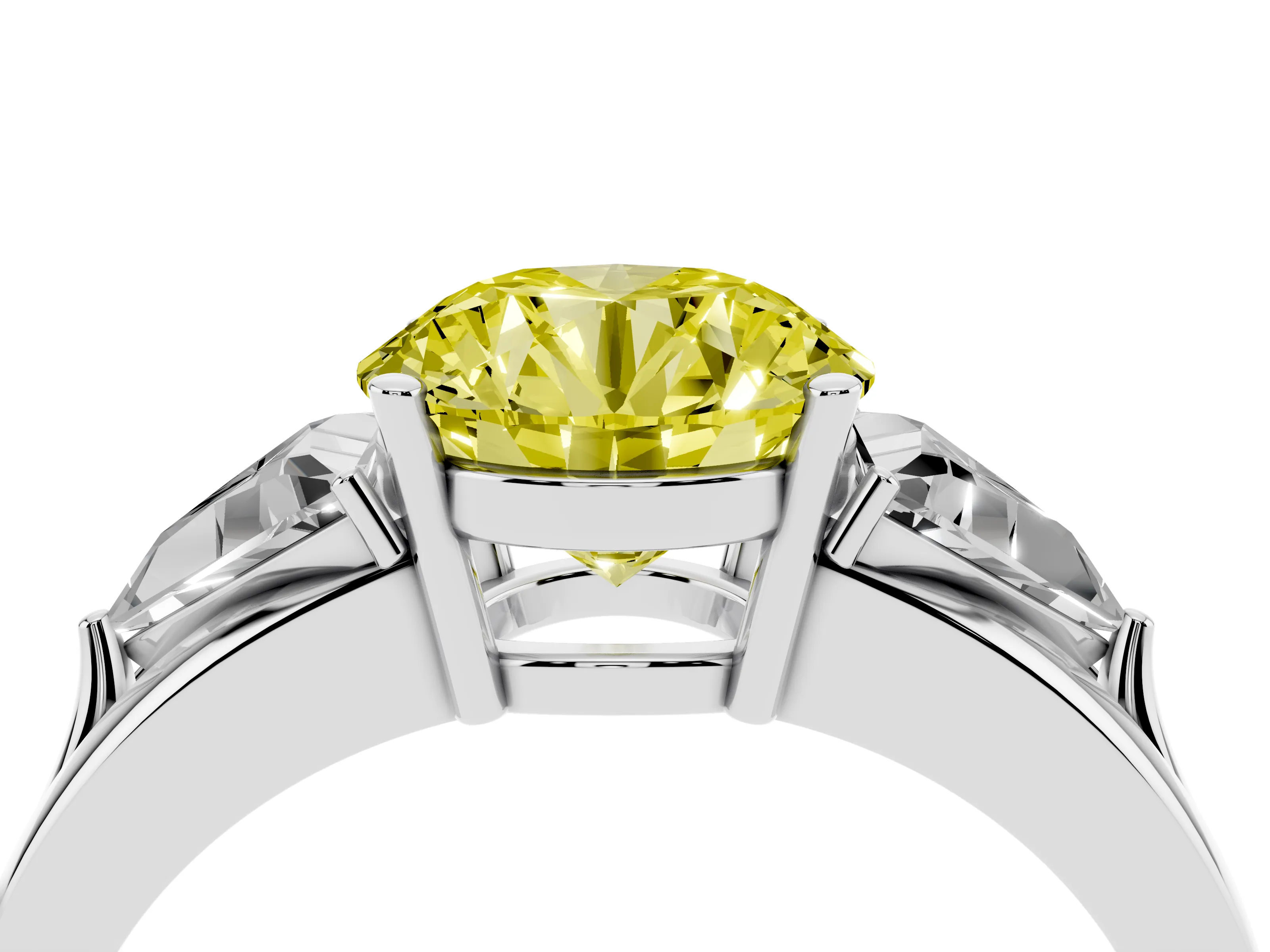Fancy Yellow Round Cut Diamond Three-Stone Ring Set in Silver with Trillion Side Stones and Split Shank