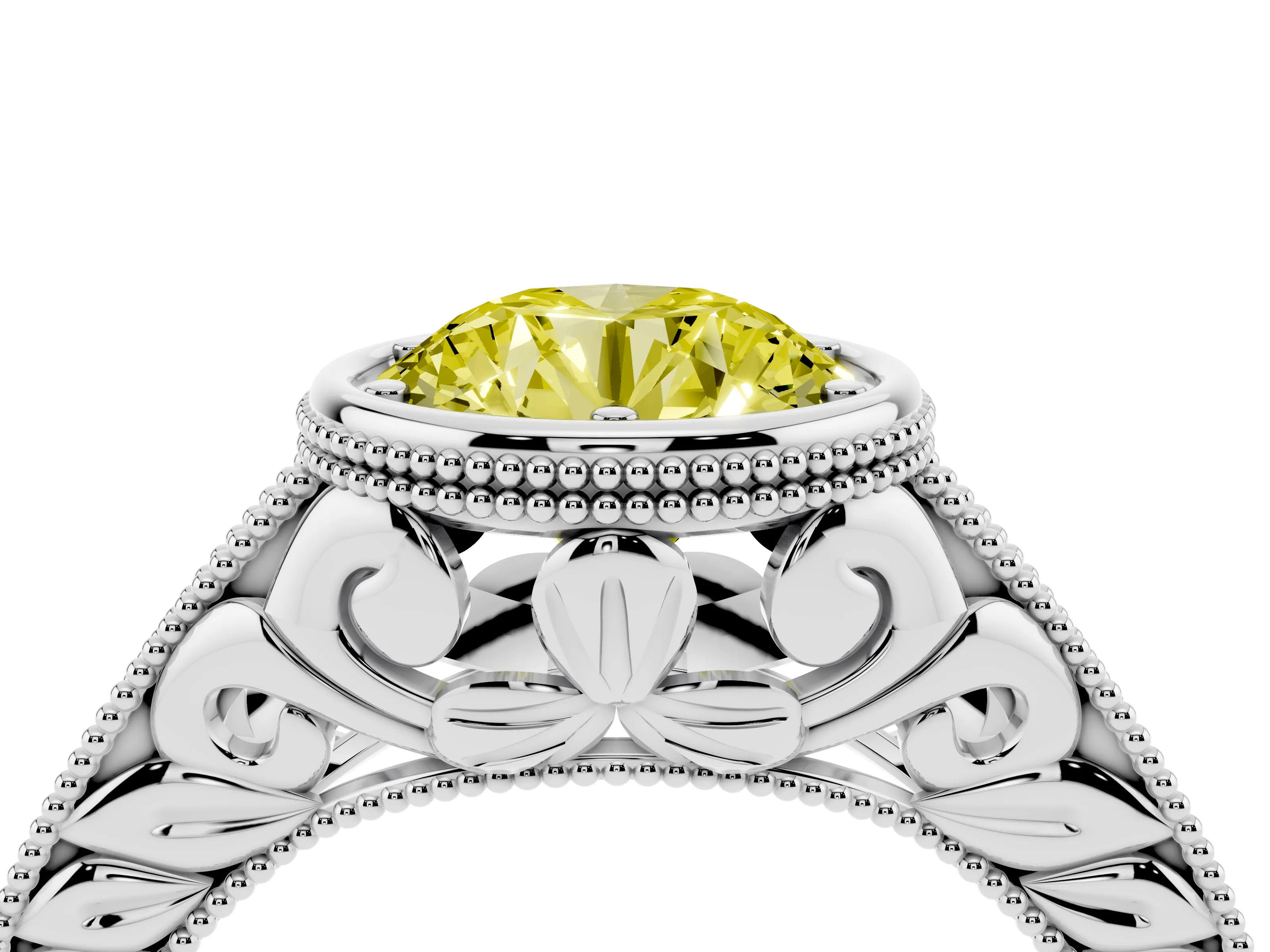 Fancy Yellow Bezel Set Round Cut Diamond Milgrain Pavé Engagement Ring Set in Silver