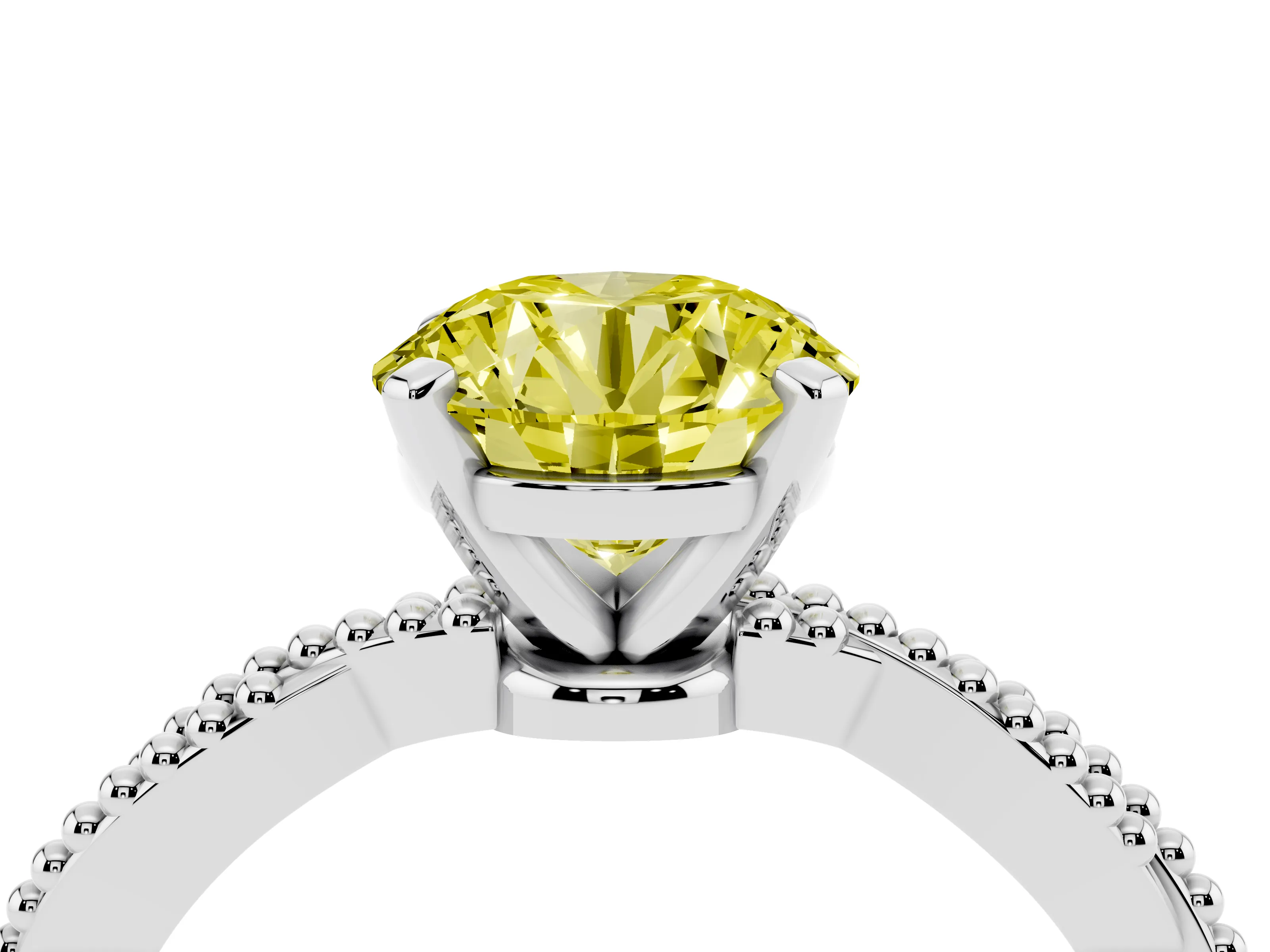 Fancy Yellow Round Cut Diamond Solitaire Ring Set in Silver with Twisted Band and Bead Prong Setting