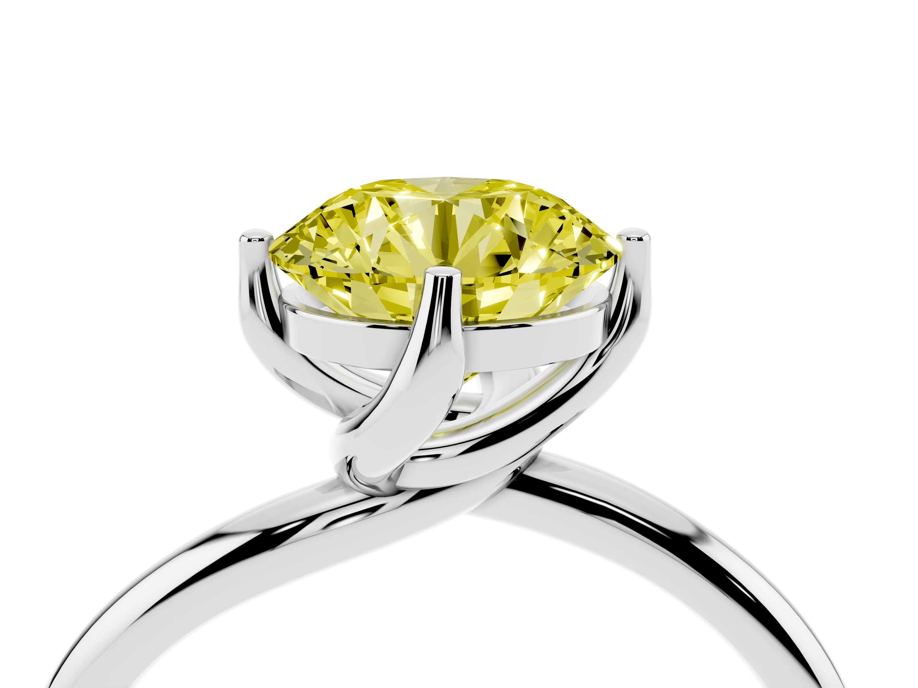Fancy Yellow Round Cut Diamond Solitaire Engagement Ring Set in Silver with Classic Plain Band