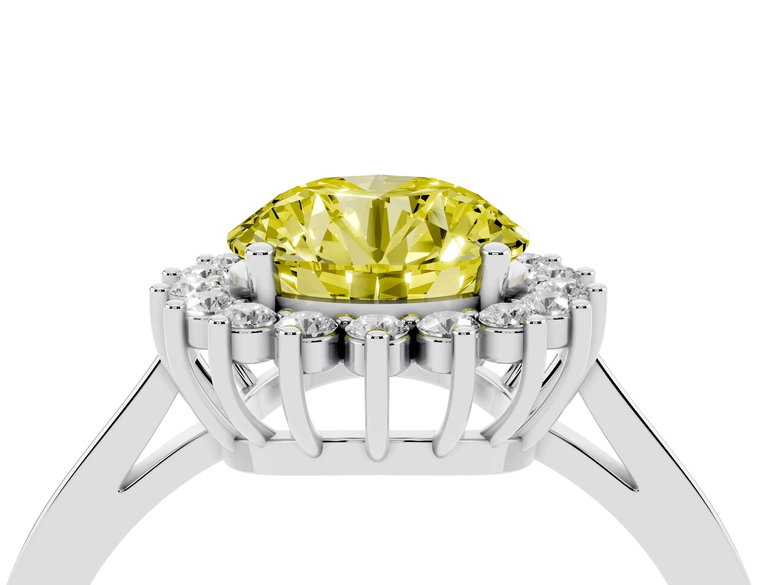 Fancy Yellow Round Cut Diamond Halo Ring Set in White gold with Round Halo and Smooth Solitaire Band