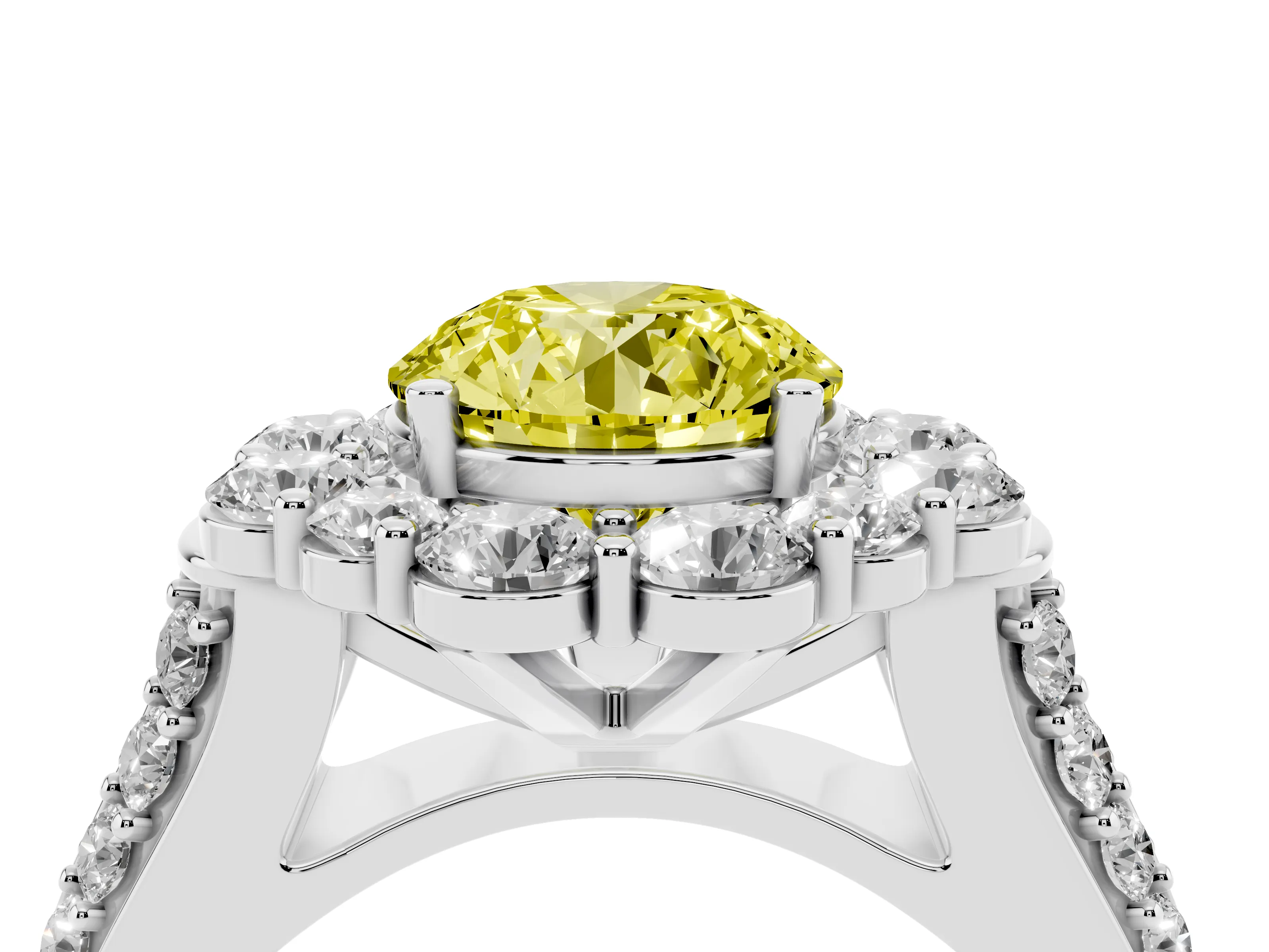 Fancy Yellow Round Cut Diamond Halo Engagement Ring Set in White gold with Split Shank and Prong Setting