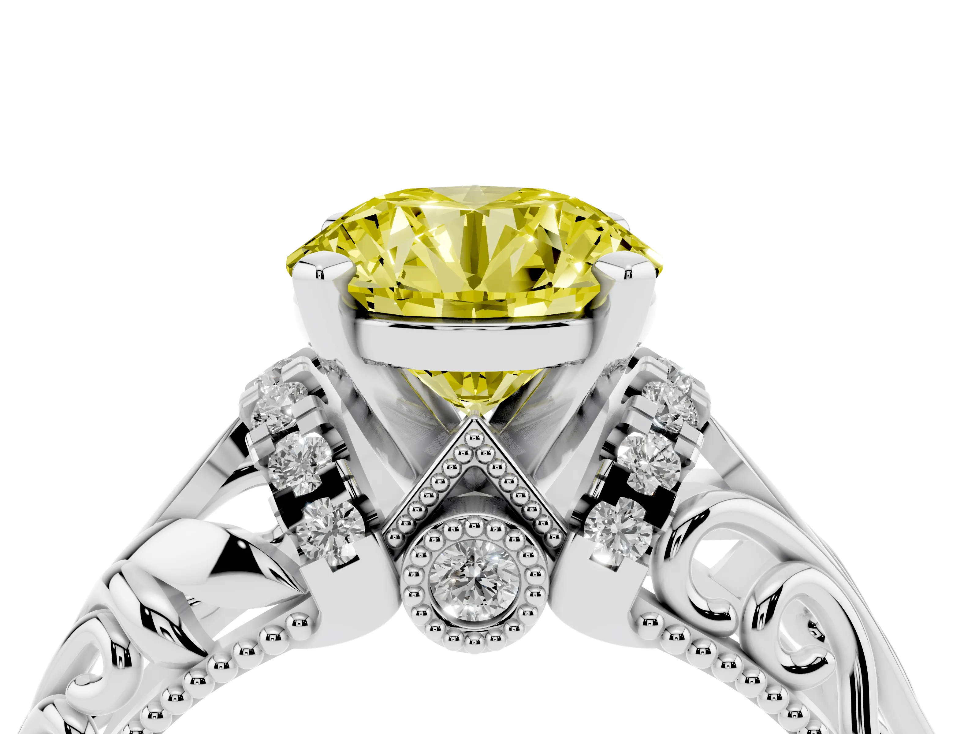 Fancy Yellow Round Cut Diamond Filigree Halo Engagement Ring Set in Platinum with Prong Setting