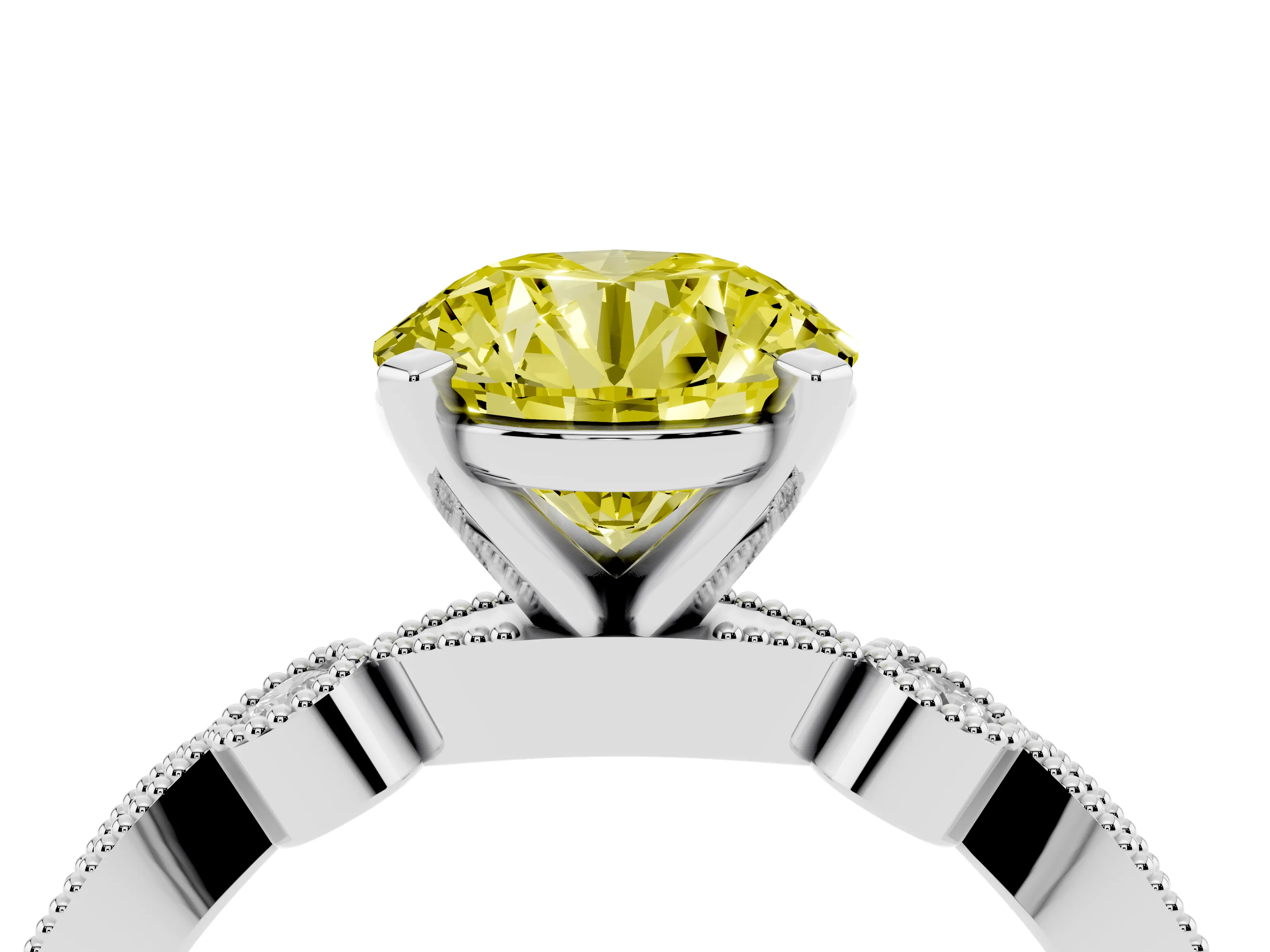 Fancy Yellow Round Cut Diamond Solitaire Engagement Ring Set in Silver with Milgrain Bezel Accent Band