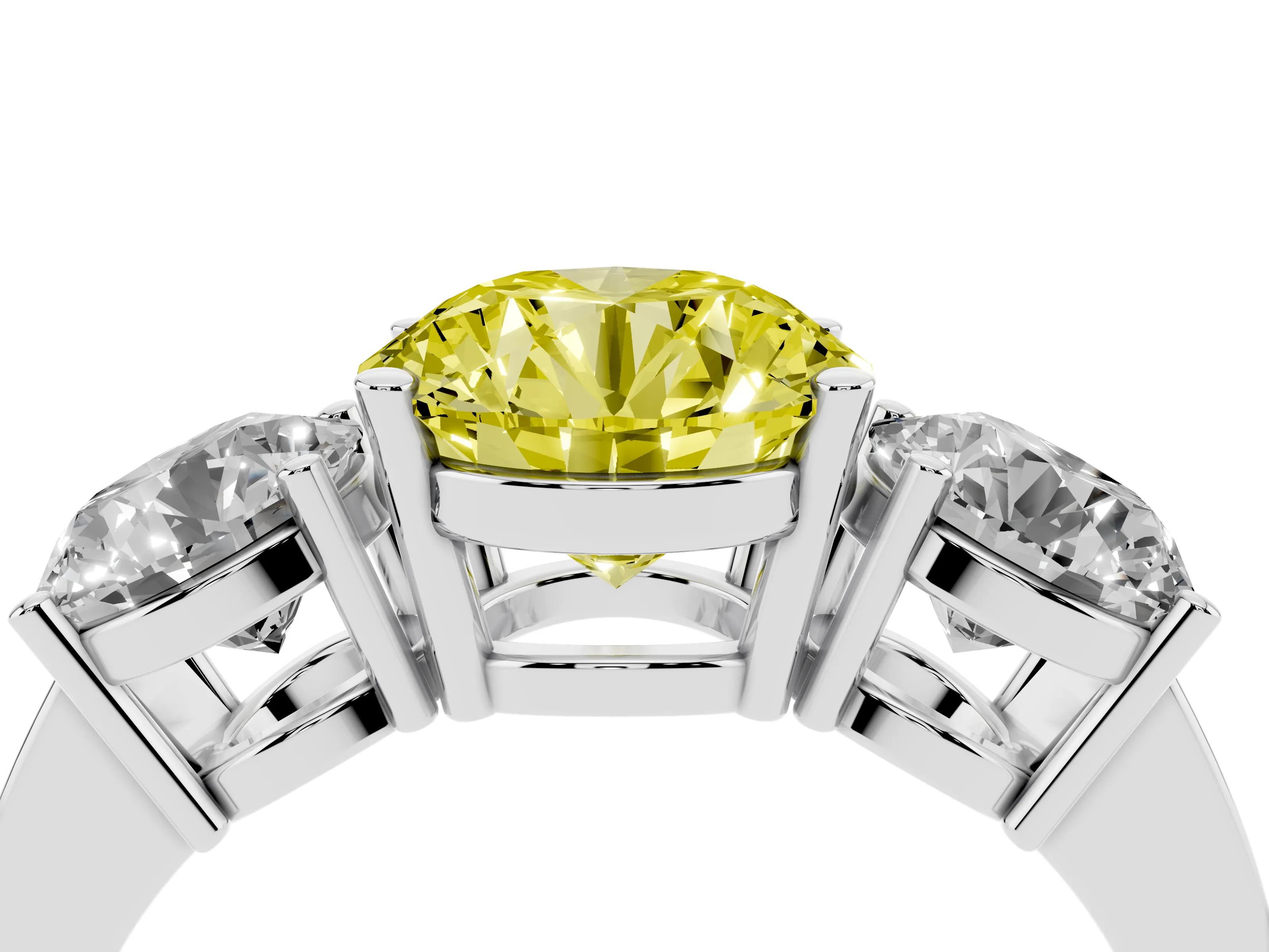 Fancy Yellow Round Cut Diamond Three-Stone Engagement Ring Set in Platinum with Flat Band