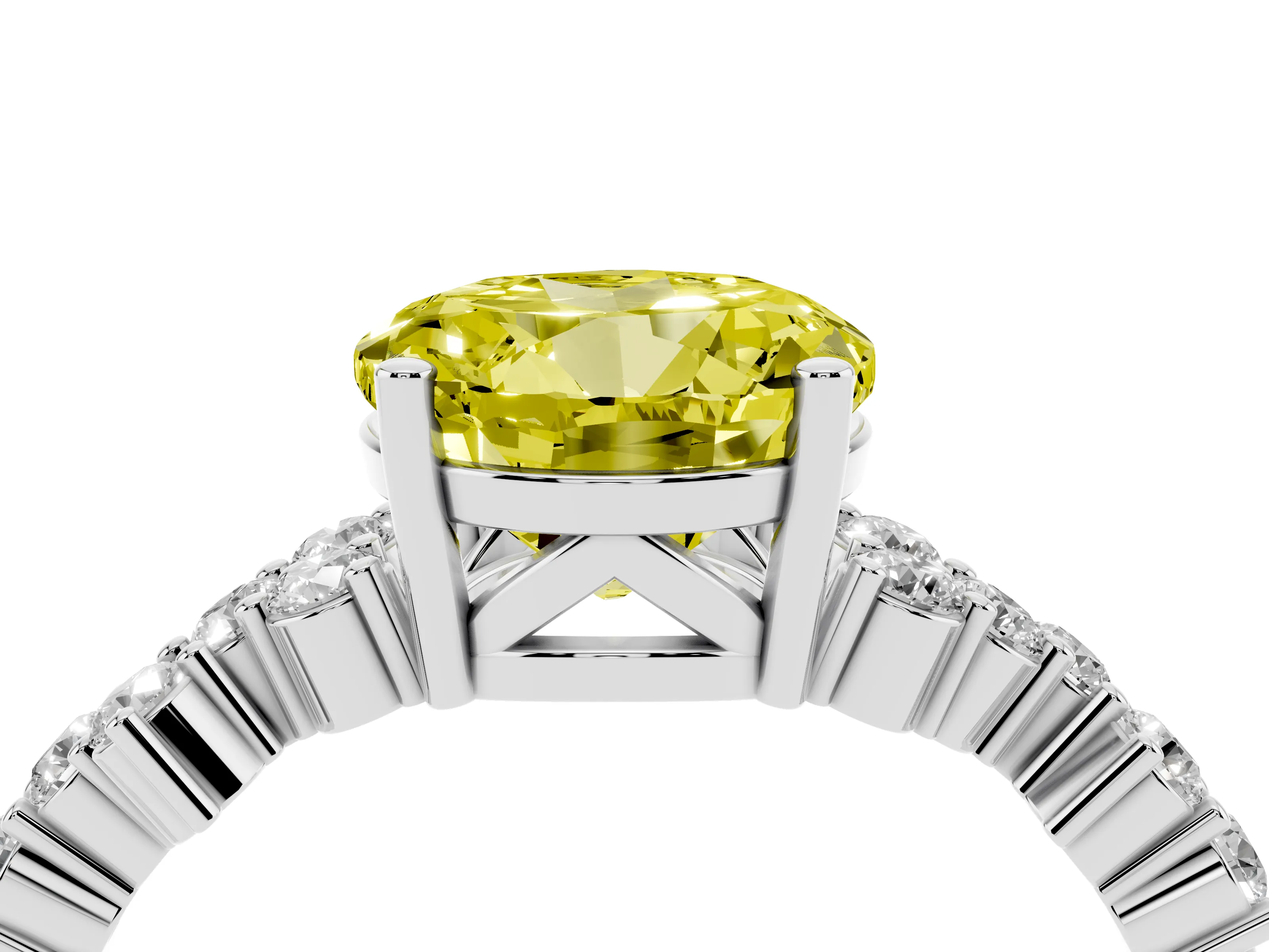 Fancy Yellow Round Cut Diamond Ring Set in White gold with Scattered Round Accents