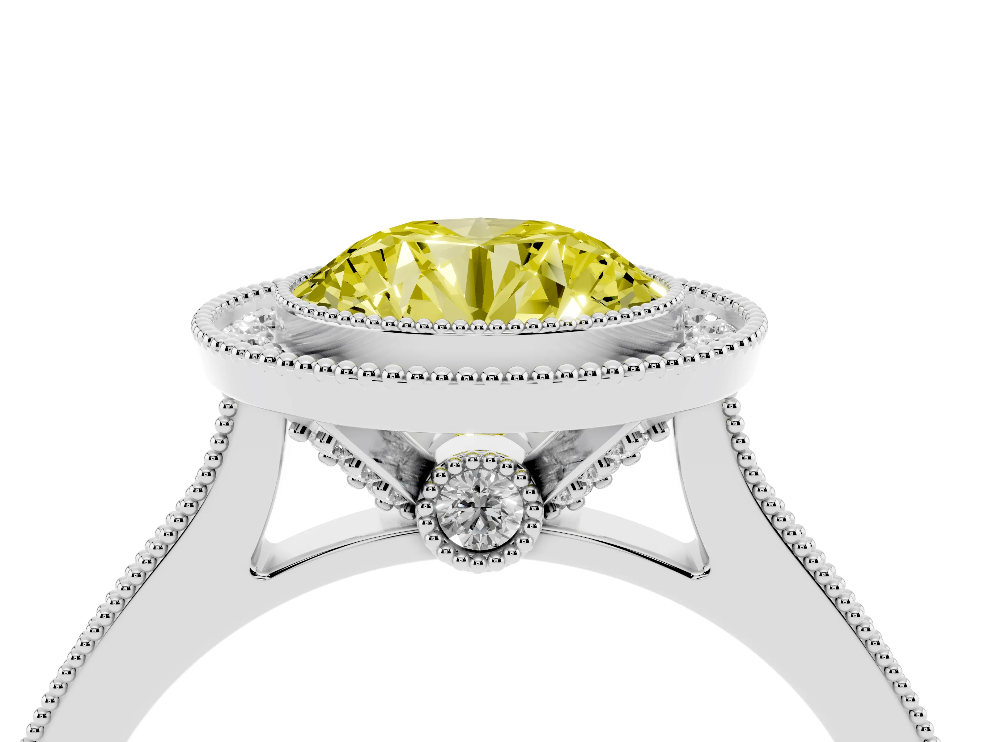 Fancy Yellow Round Cut Diamond Halo Milgrain Pavé Band Ring Set in Platinum with Prong Setting