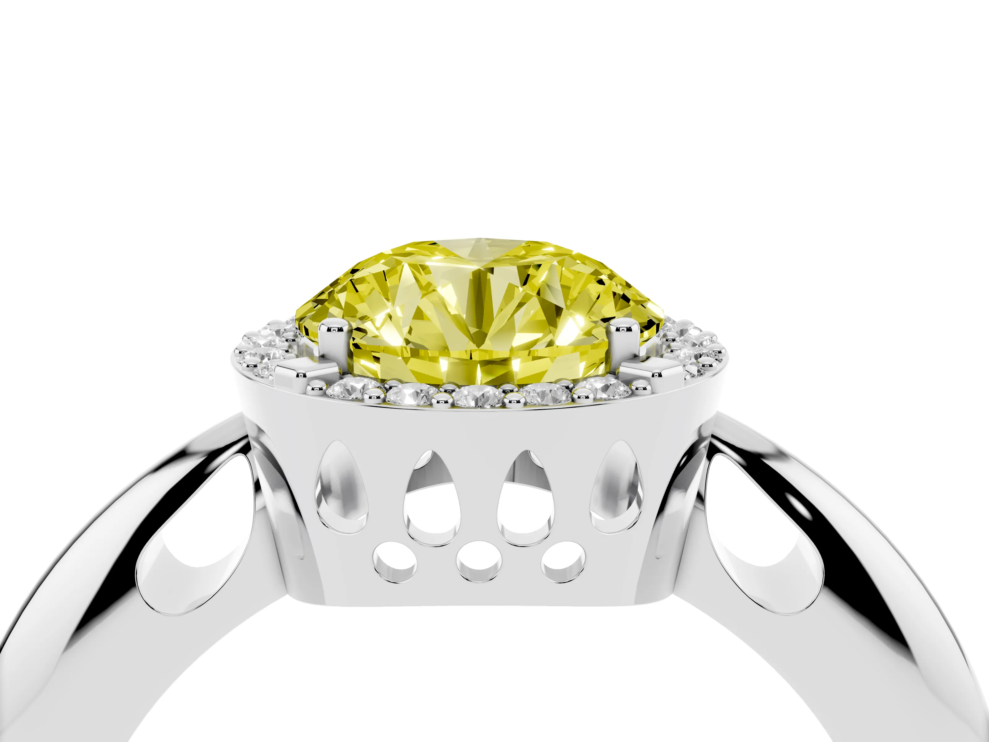 Fancy Yellow Round Cut Diamond Halo Engagement Ring Set in White gold with Plain Split Shank and Prong Setting