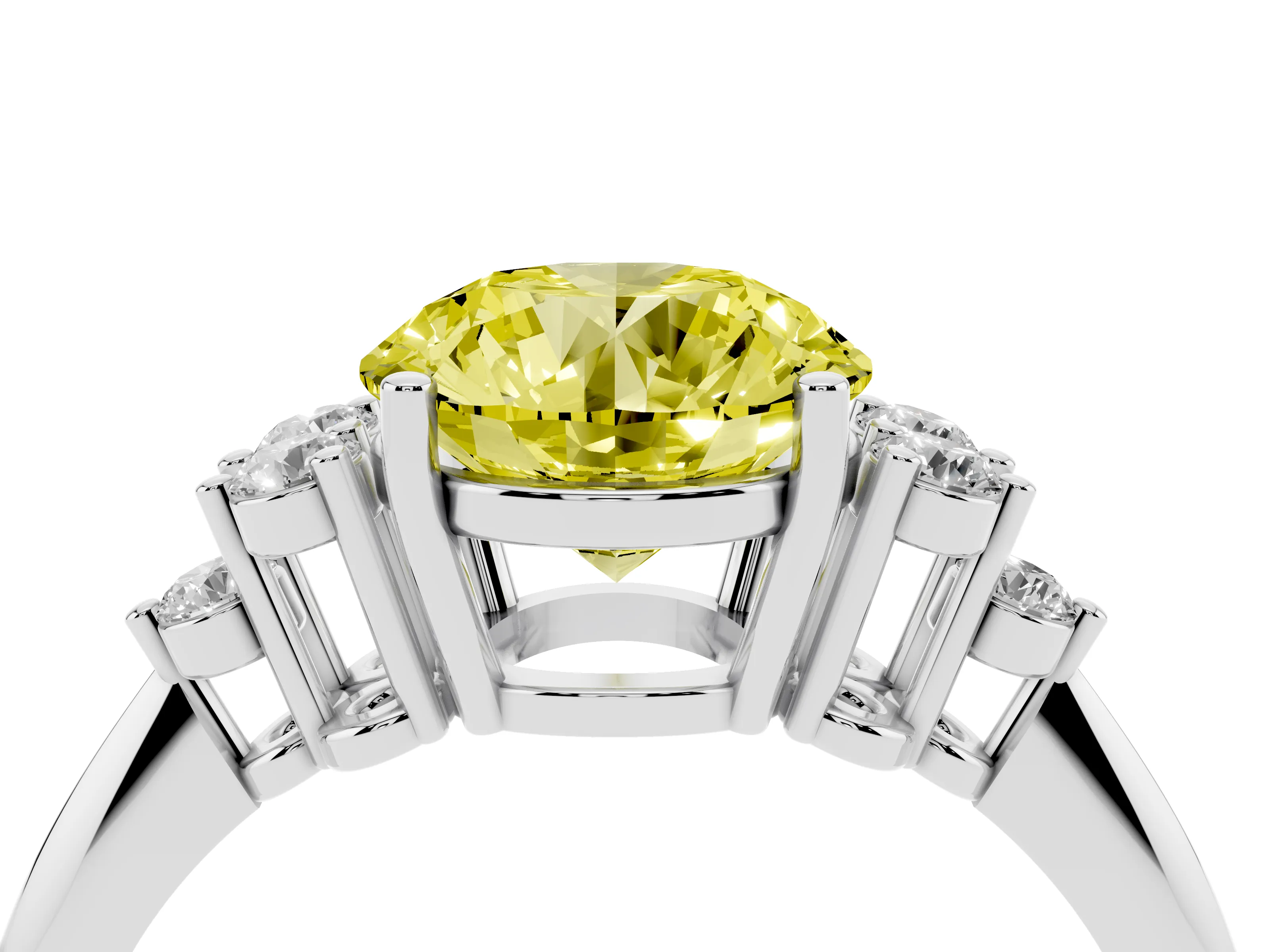 Fancy Yellow Round Cut Diamond Cluster Ring Set in Platinum with Plain Band and Prong Setting