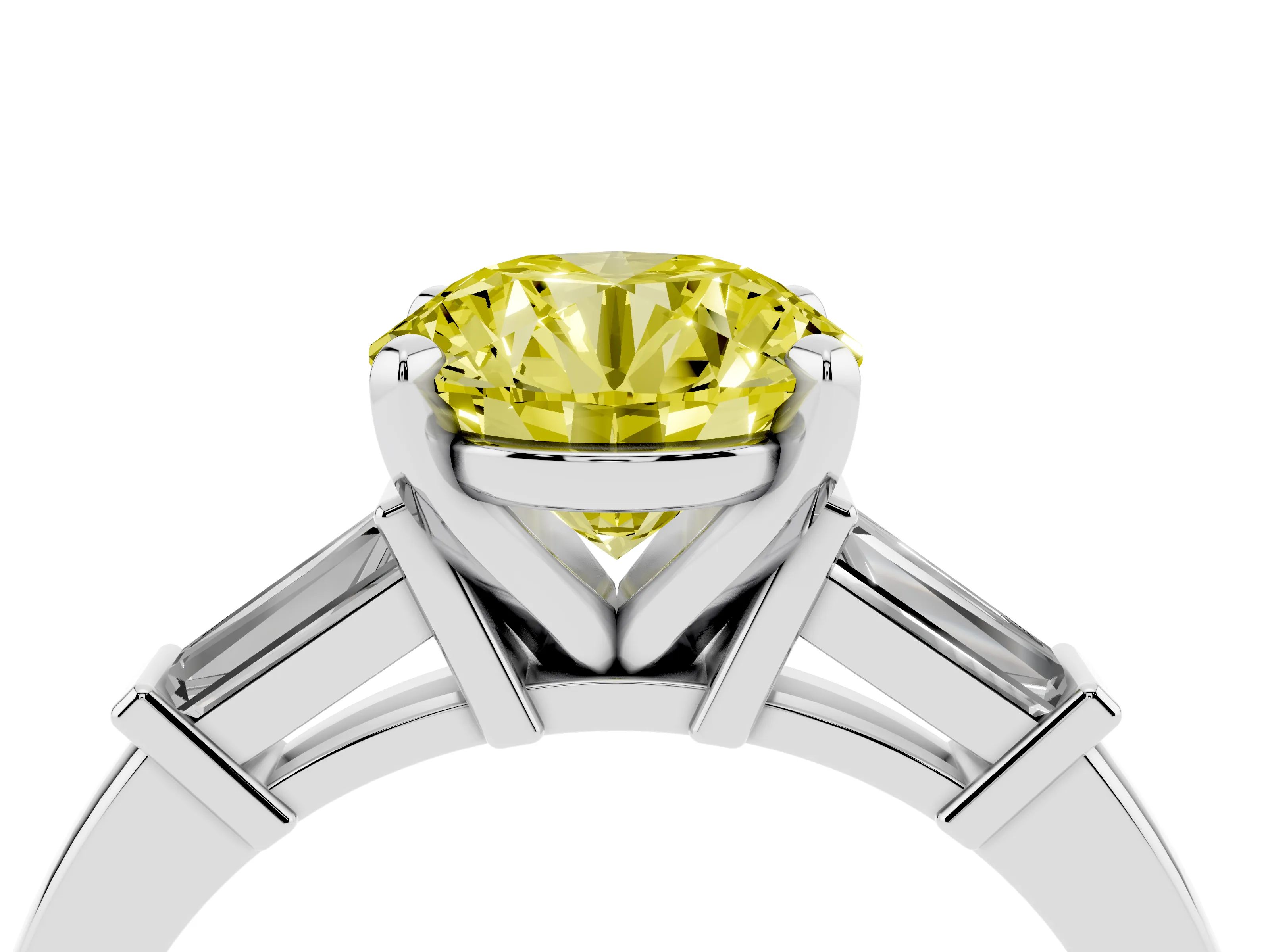 Fancy Yellow Round Cut Diamond Solitaire Ring Set in Platinum with Tapered Baguette Accents and Prong Setting