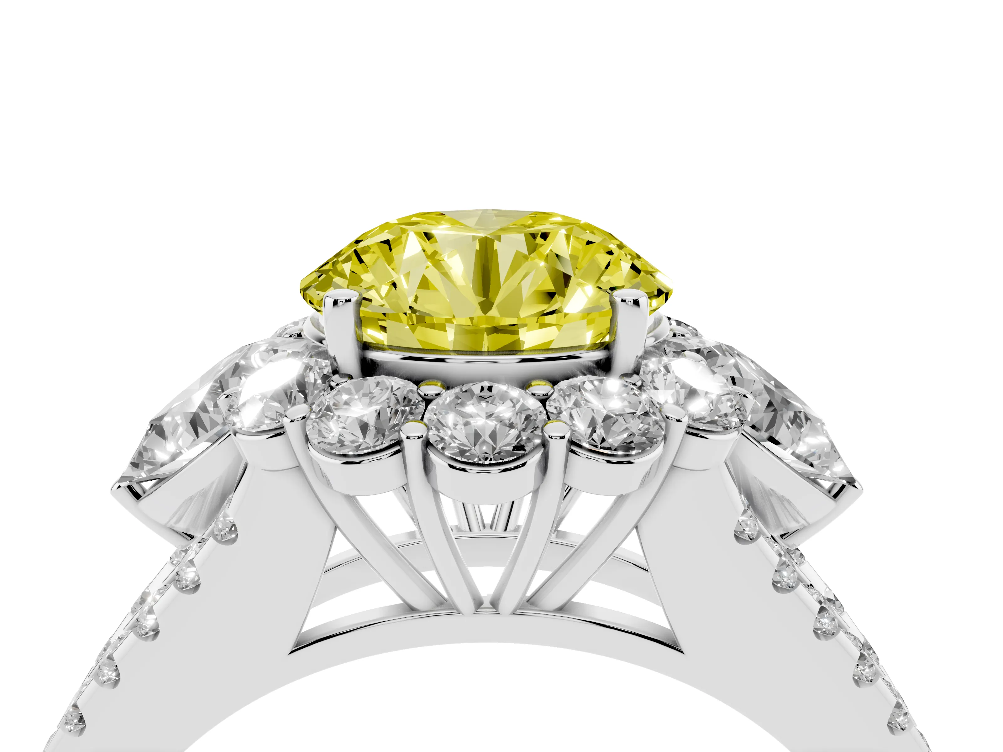 Fancy Yellow Round Cut Diamond Halo Split Shank Engagement Ring Set in White gold with Prong-Held Center Stone
