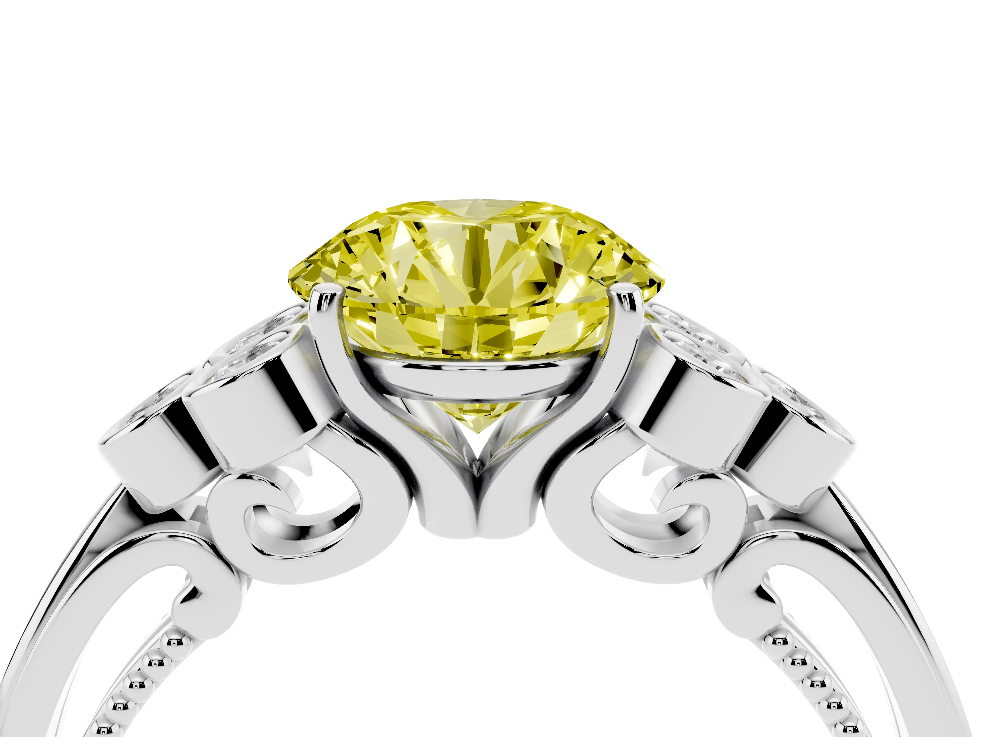 Fancy Yellow Round Cut Diamond Engagement Ring Set in White gold with Bezel Set Round Side Stones and Prong Setting