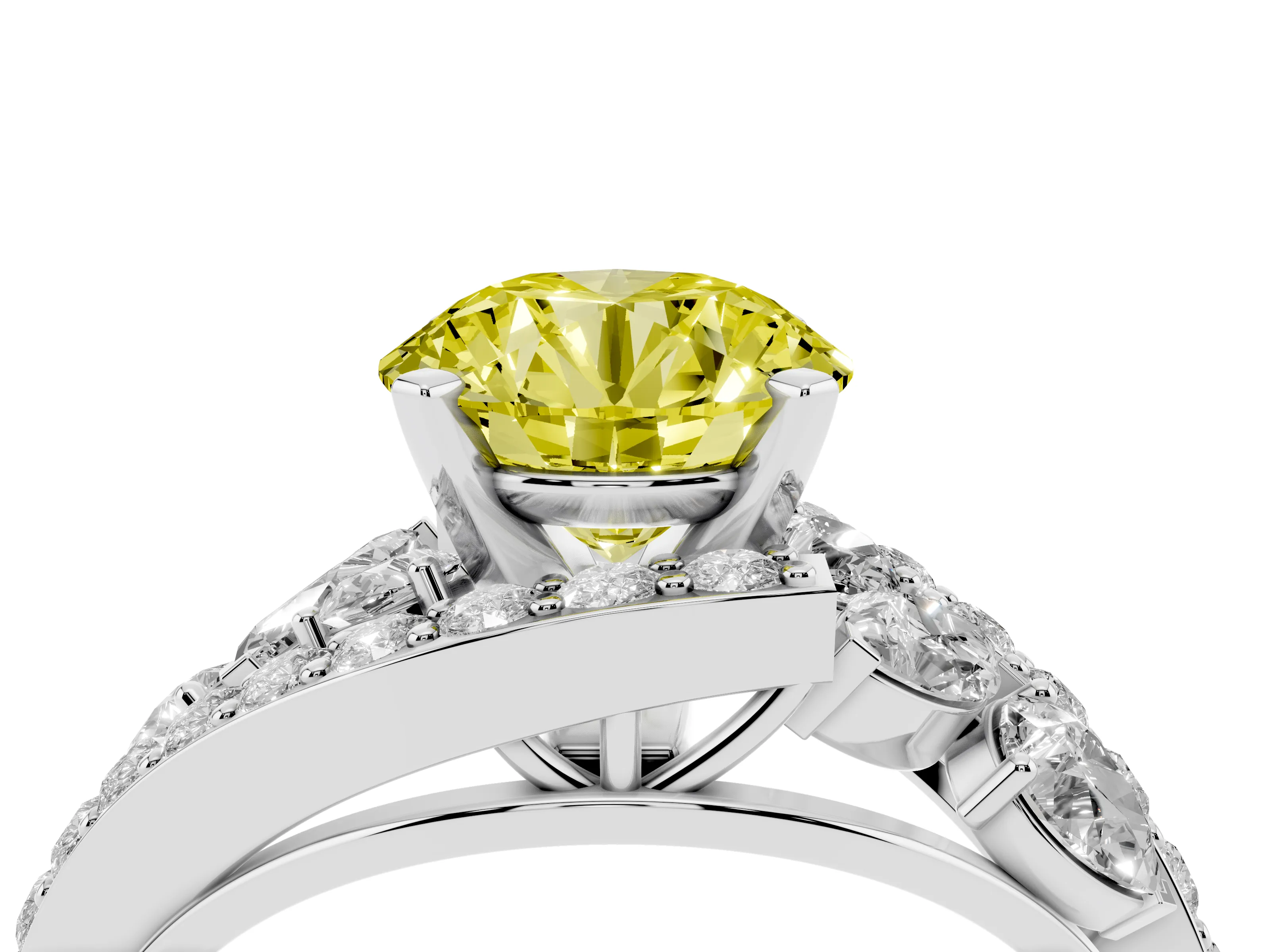 Fancy Yellow Round Cut Diamond Halo Ring Set in Silver with Marquise and Pavé Band in Prong Setting