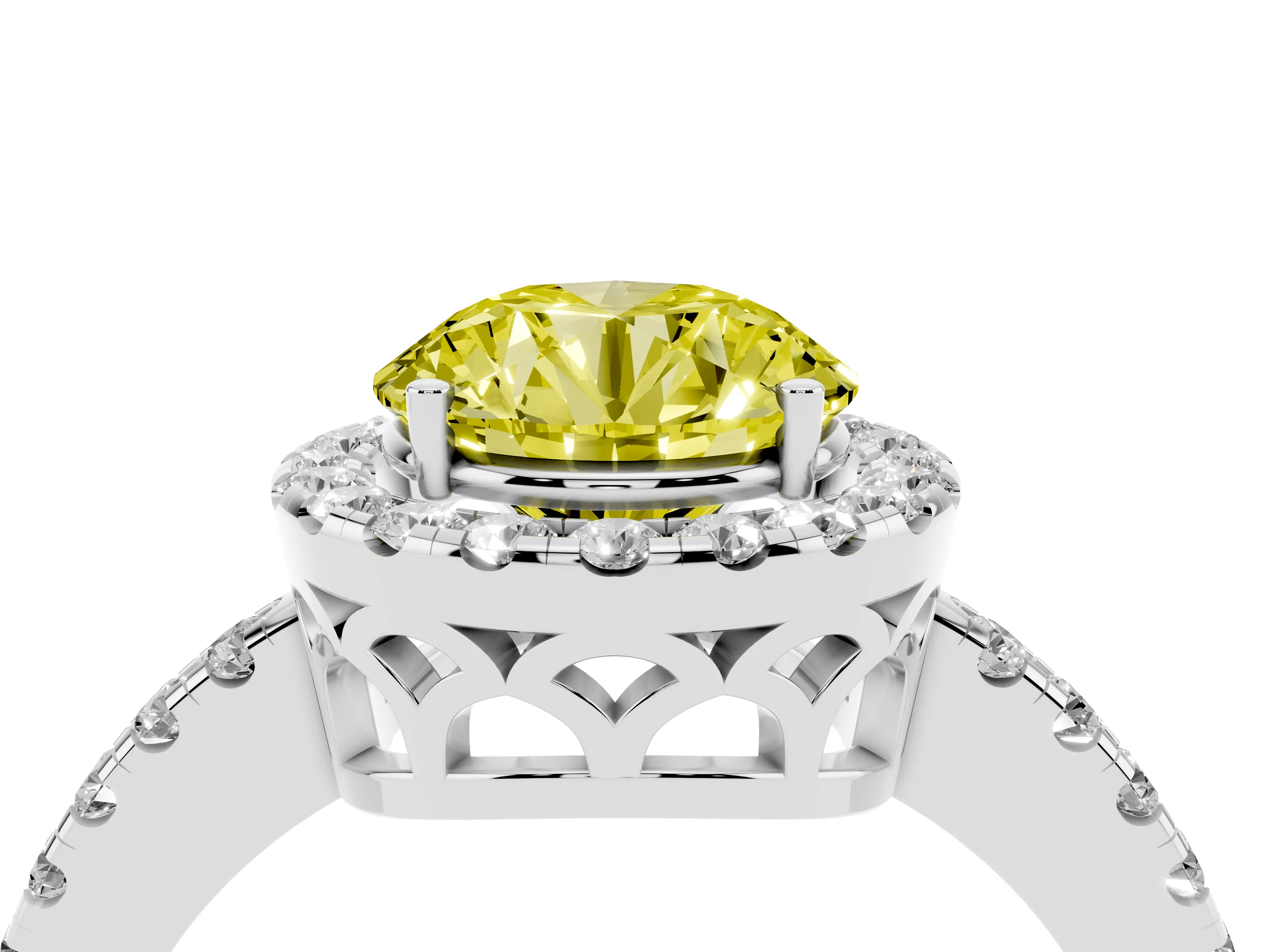 Fancy Yellow Round Cut Diamond Pavé Band Halo Engagement Ring Set in White gold with Prong Setting