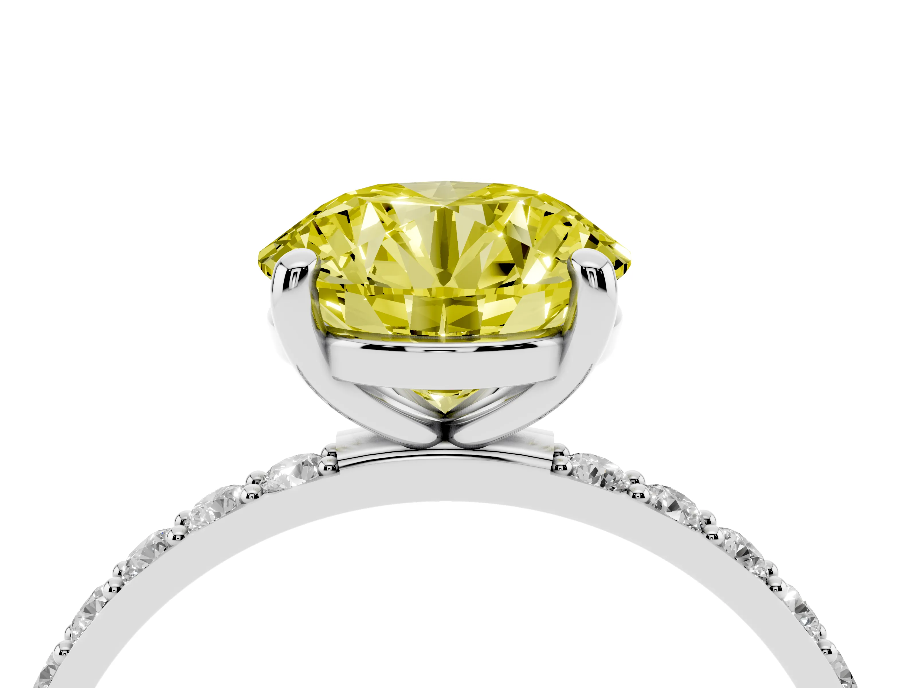 Fancy Yellow Round Cut Diamond Solitaire Ring Set in Platinum with Round Pavé Band and Prong Setting