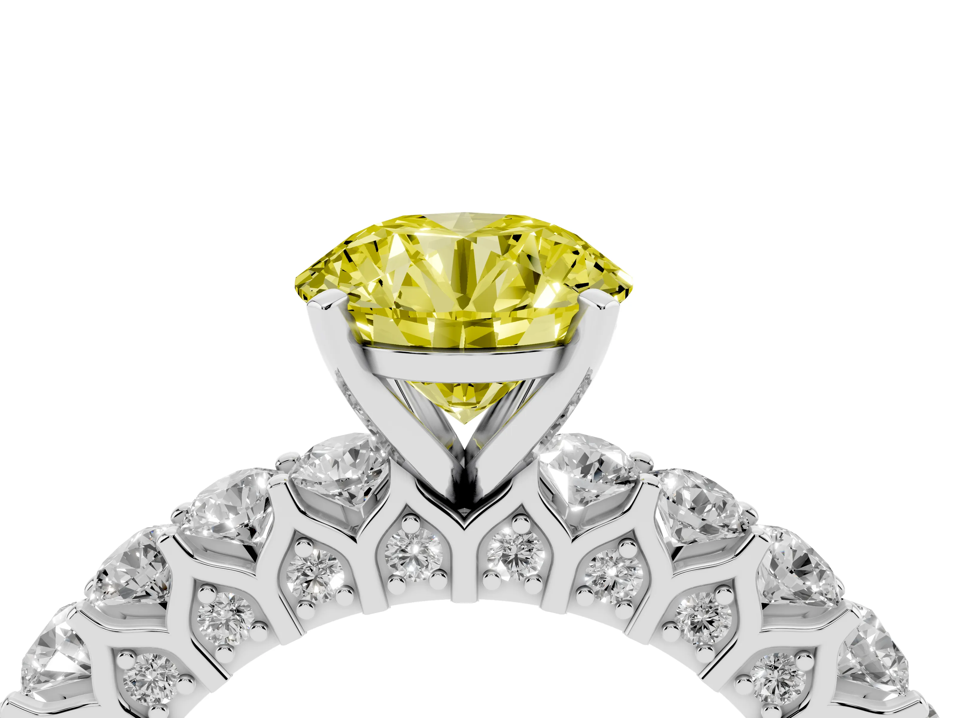 Fancy Yellow Round Cut Diamond Solitaire Ring Set in Silver with Shared Prong Pavé Band