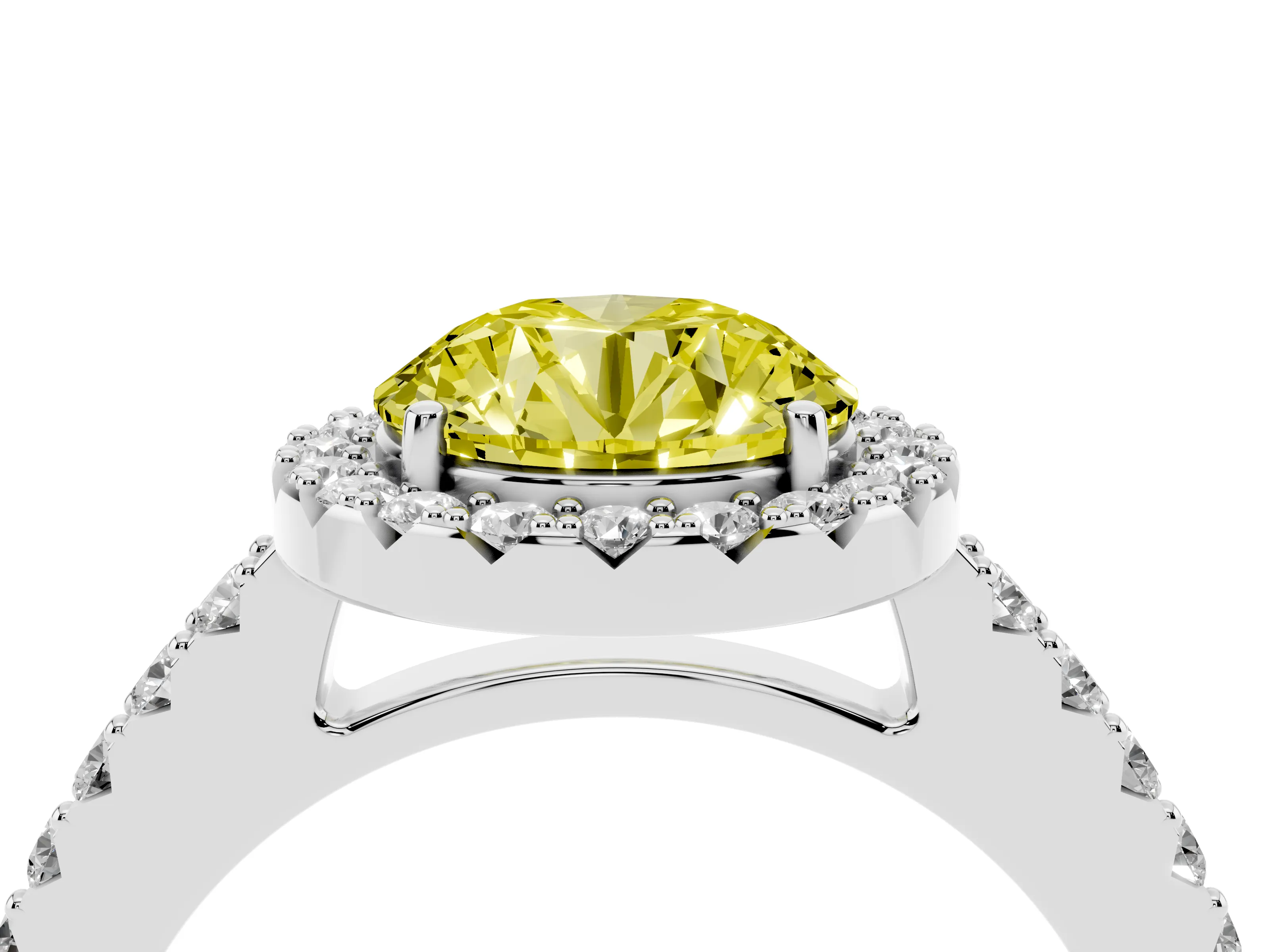 Fancy Yellow Round Cut Diamond Halo Pavé Solitaire Ring Set in Silver with Prong-Set Center Stone