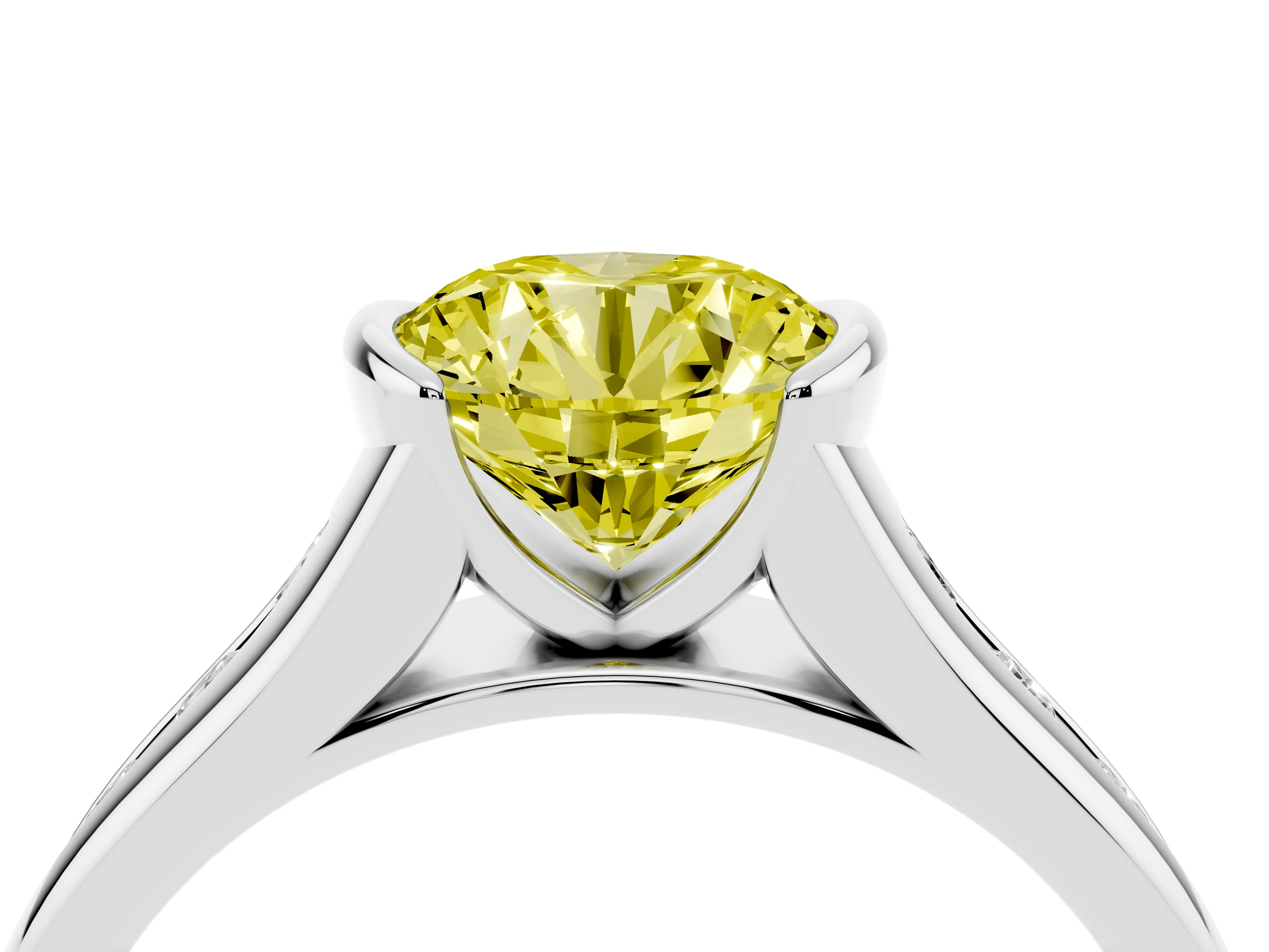 Fancy Yellow Round Cut Diamond Bezel-Set Solitaire Ring Set in White gold with Channel-Set Band