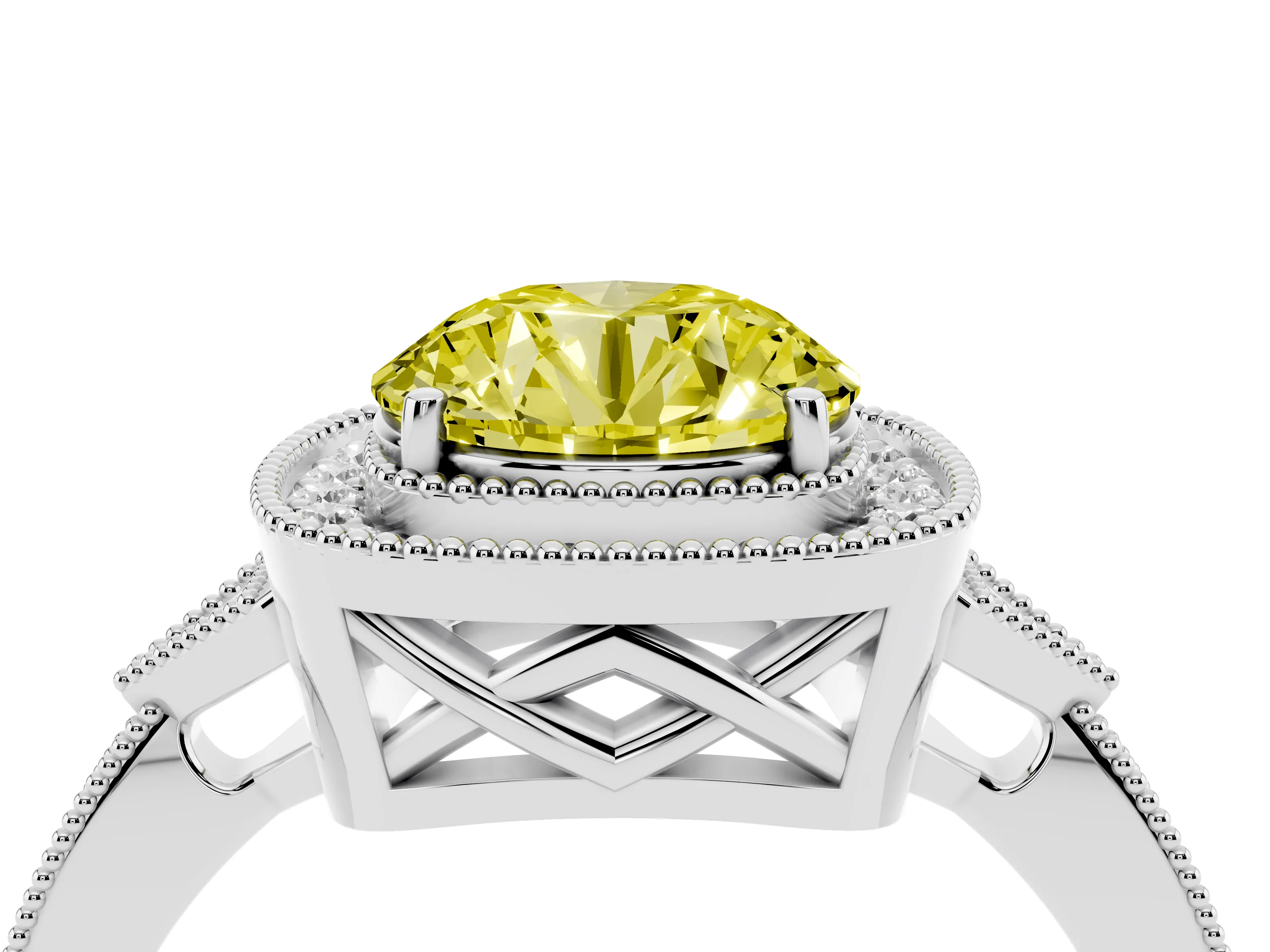 Fancy Yellow Round Cut Diamond Halo Engagement Ring Set in Platinum with Milgrain Pavé Band
