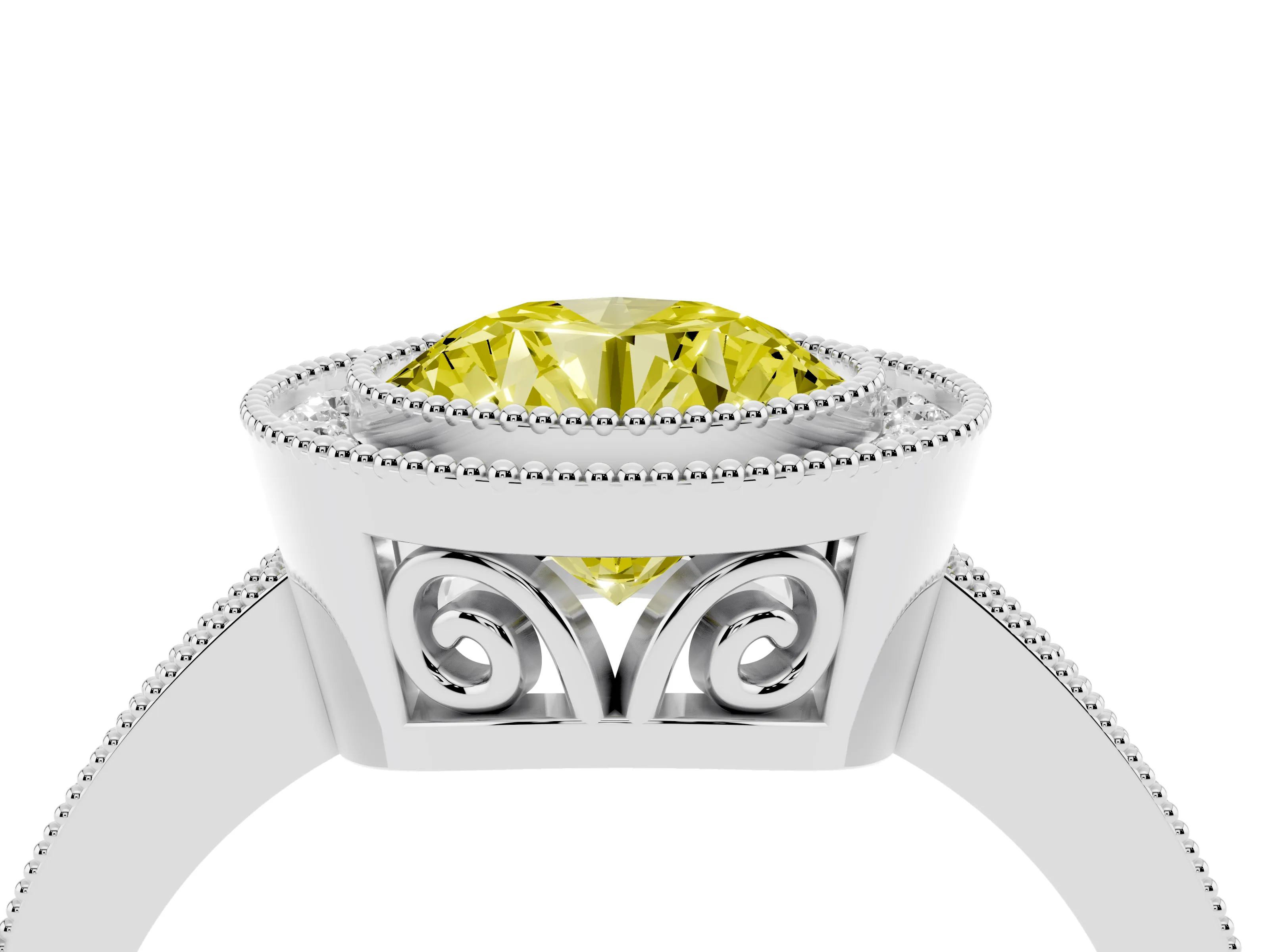Fancy Yellow Round Cut Diamond Halo Ring Set in White gold with Pavé Band and Milgrain-Edged Prongs