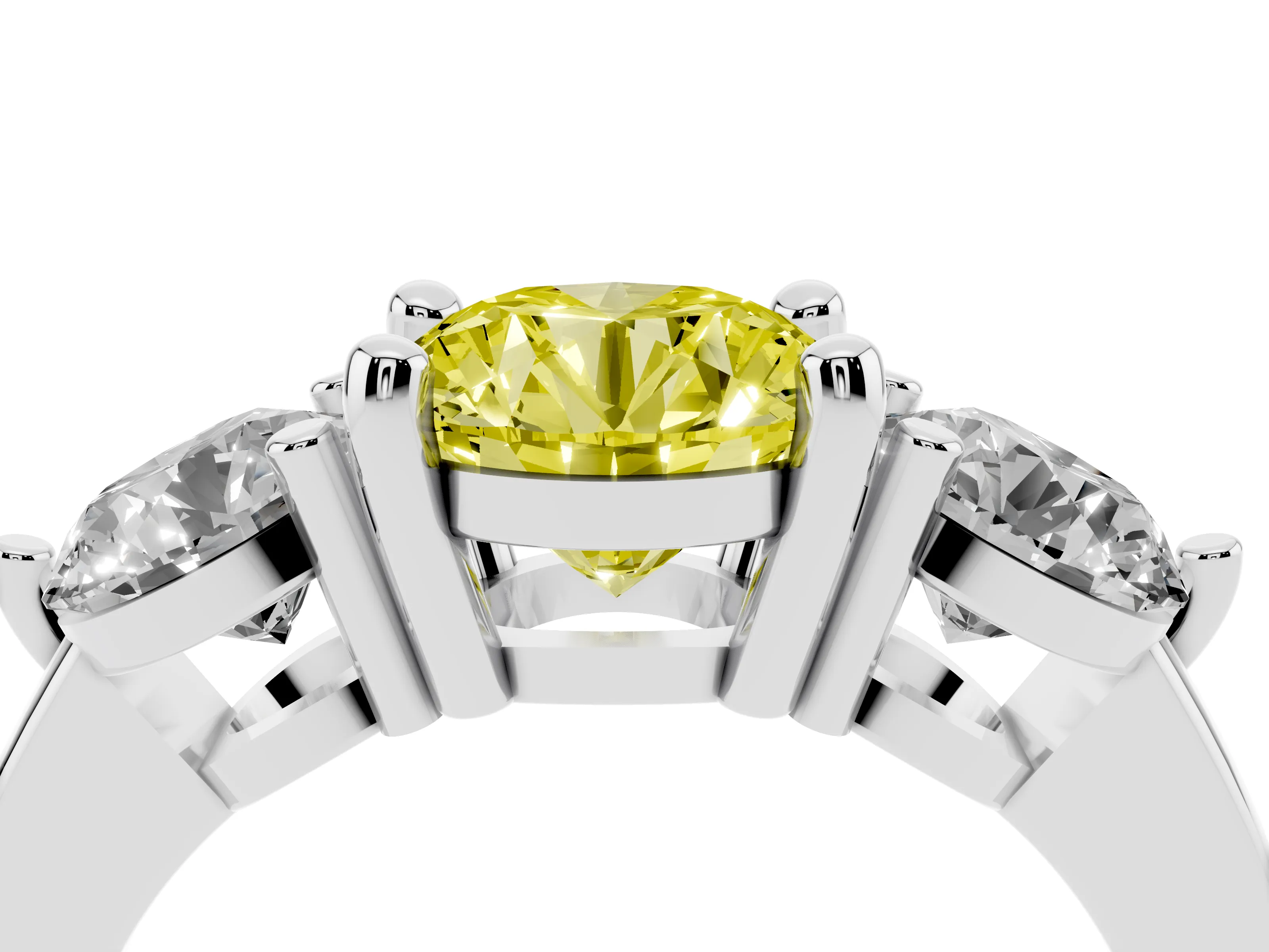 Fancy Yellow Round Cut Diamond Three-Stone Ring Set in Platinum with Prong Setting and Classic Band